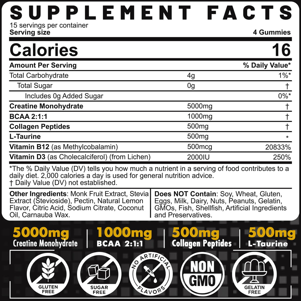 Creatine Monohydrate Gummies for Men & Women - with BCAA, Collagen Peptides, L-Taurine, Vitamin B12, D3, Chewables Creatine Monohydrate 5g Per Serving, Natural Lemon Flavor, Sugar Free, 2 Pack EnvyCure Au supplements