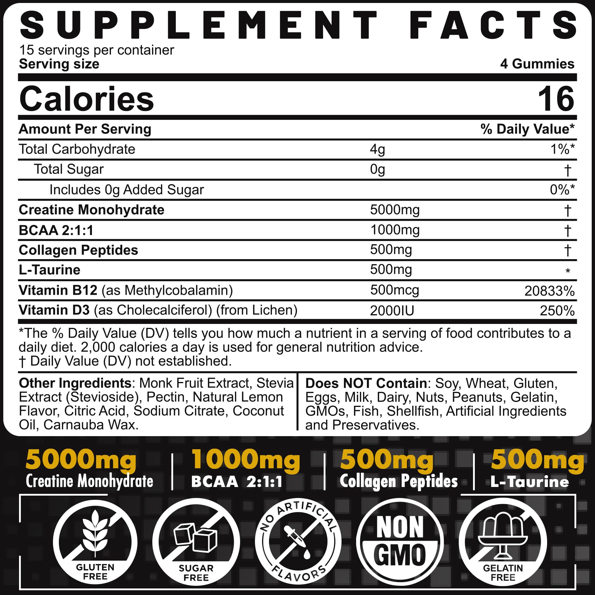 Creatine Monohydrate Gummies for Men & Women - with BCAA, Collagen Peptides, L-Taurine, Vitamin B12, D3, Chewables Creatine Monohydrate 5g Per Serving, Natural Lemon Flavor, Sugar Free, 2 Pack EnvyCure Au supplements