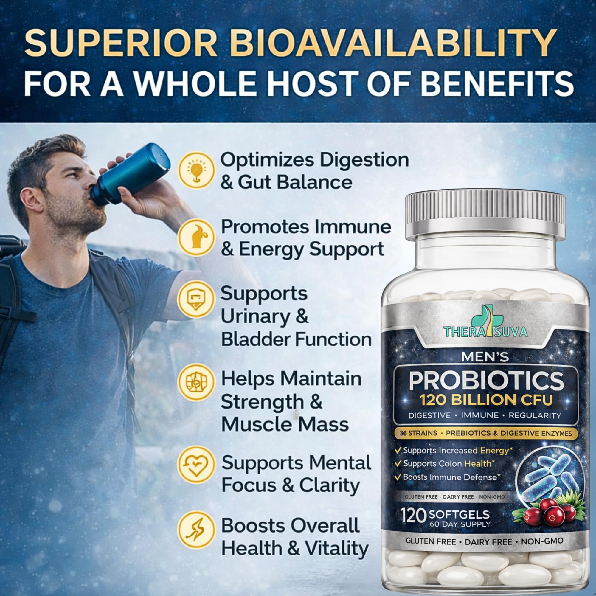 Men’s Advanced Probiotics 120 Billion CFU - 36 Strains + Prebiotics, Enzymes & Veggie Blend for Gut, Immune & Colon Health - 2 Month Supply, 120 Softgels