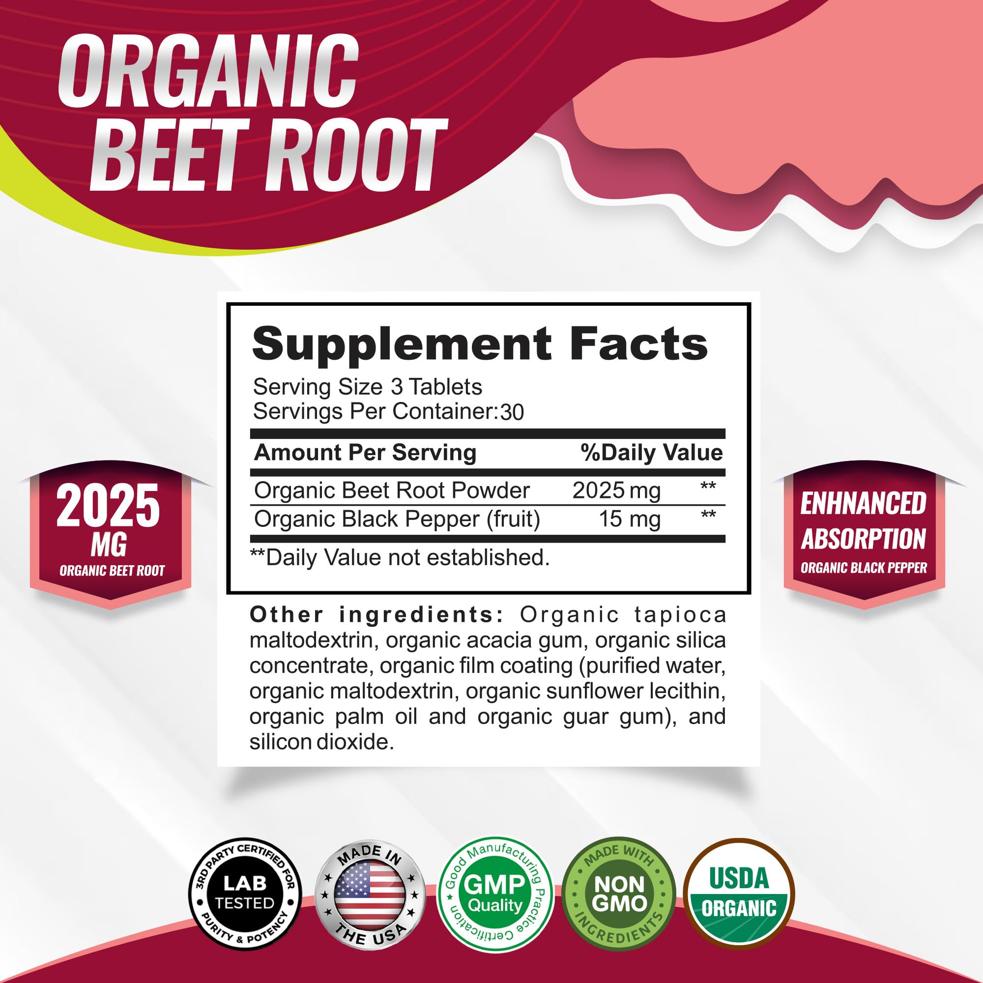 Toplux Organic Beet Root Powder Tablets - 2040mg Natural Nitric Oxide Beets to Support, Energy, Black Pepper Better Absorption, Non-GMO, for Men Women, 90 Tablets