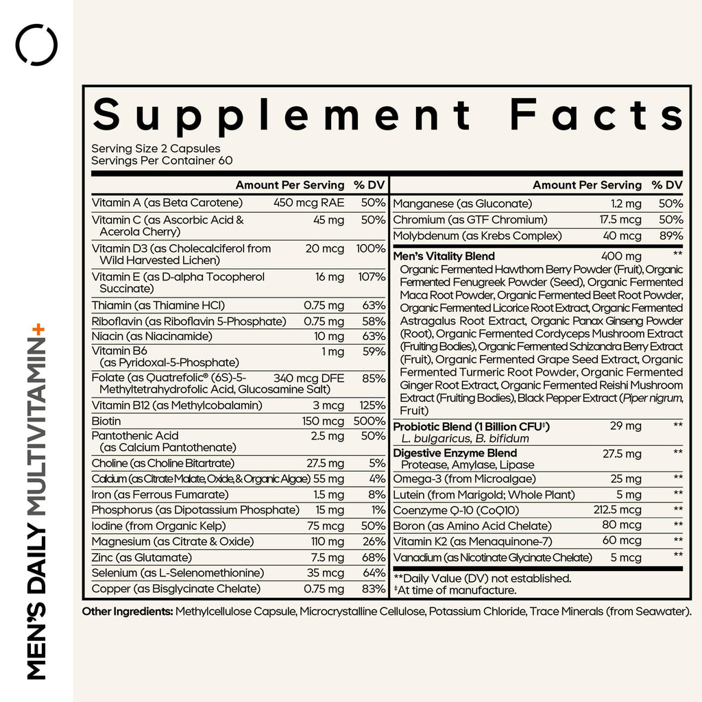 Codeage Men’s Daily Multivitamin – 25+ Essential Vitamins & Minerals, Organic Whole Foods, Probiotics, Omega-3, Zinc, Vitamins A, B, C, D, E & K – 120 Capsules Codeage Au supplements