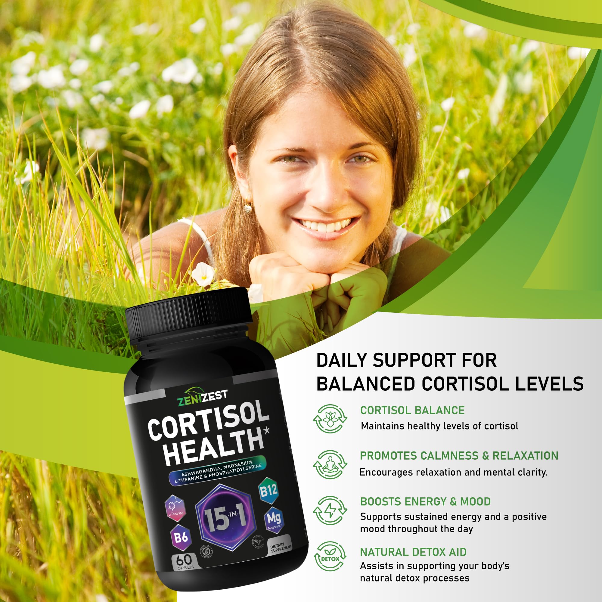 Cortisol Detox Supplement for Women Men - Control & Lower High Cortisol Level - Adrenal Health Balance Cleanse Sleep Stress Support - Magnesium Ashwagandha L-Theanine Cortisol Blocker Reducer ZeniZest Au supplements