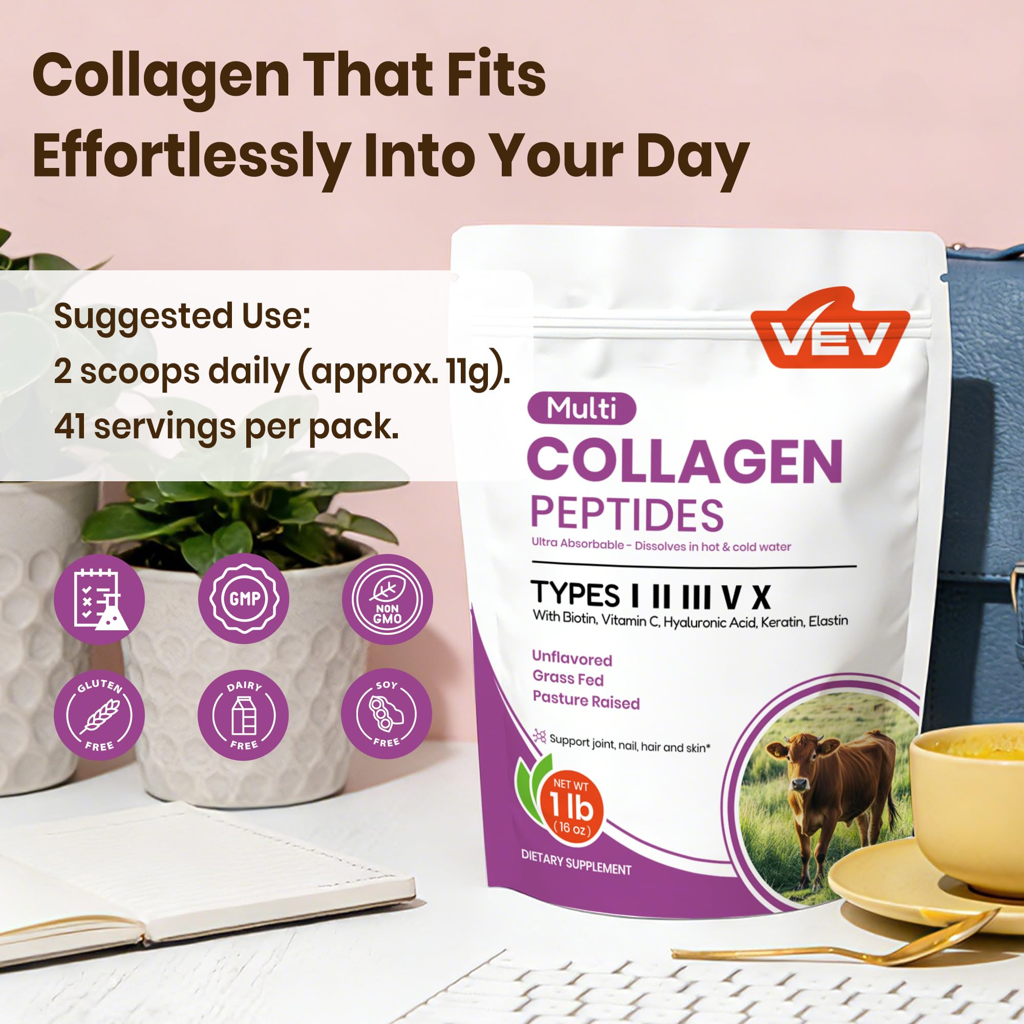 VEV Multi Collagen Peptides Powder, 16 oz (41 Servings) – Type I, II, III, V, X, Hydrolyzed Collagen, Hyaluronic Acid, Biotin, Vitamin C