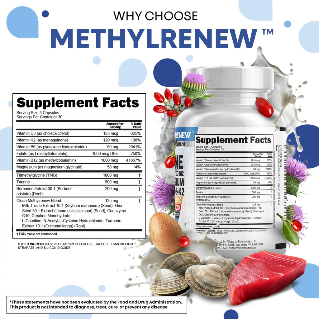 Clean Nutra TMG Supplements 1000mg | Methylated Multivitamin for Women Men | Taurine B6 Vitamins B12 D3 K2 Trimethylglycine Magnesium Clean Nutraceuticals Au supplements