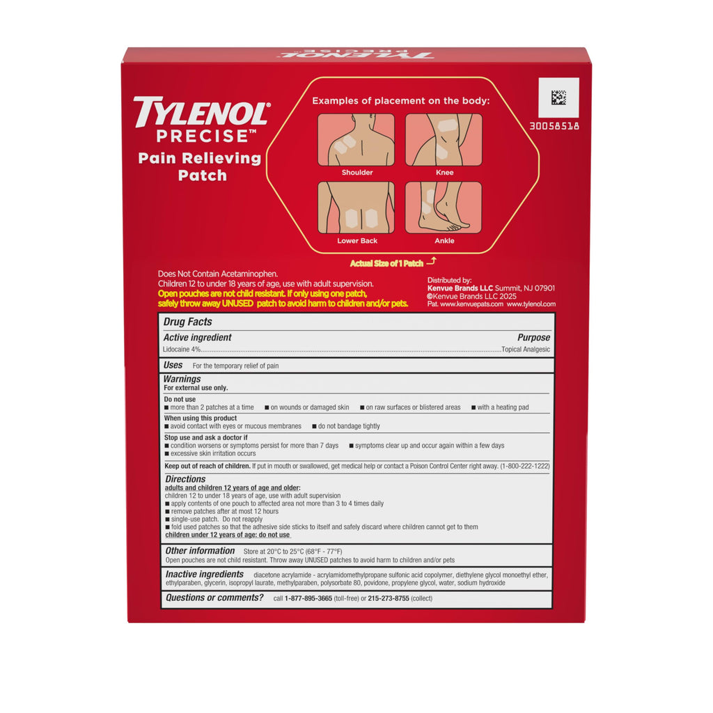 Tylenol Precise Pain Relieving Patches, Topical Analgesic Patches + Maximum OTC Strength Lidocaine Penetrates, Targeted Relief Ideal for Shoulder, Back & Knee Pain, Unscented, 3 x 2 ct Tylenol Au supplements