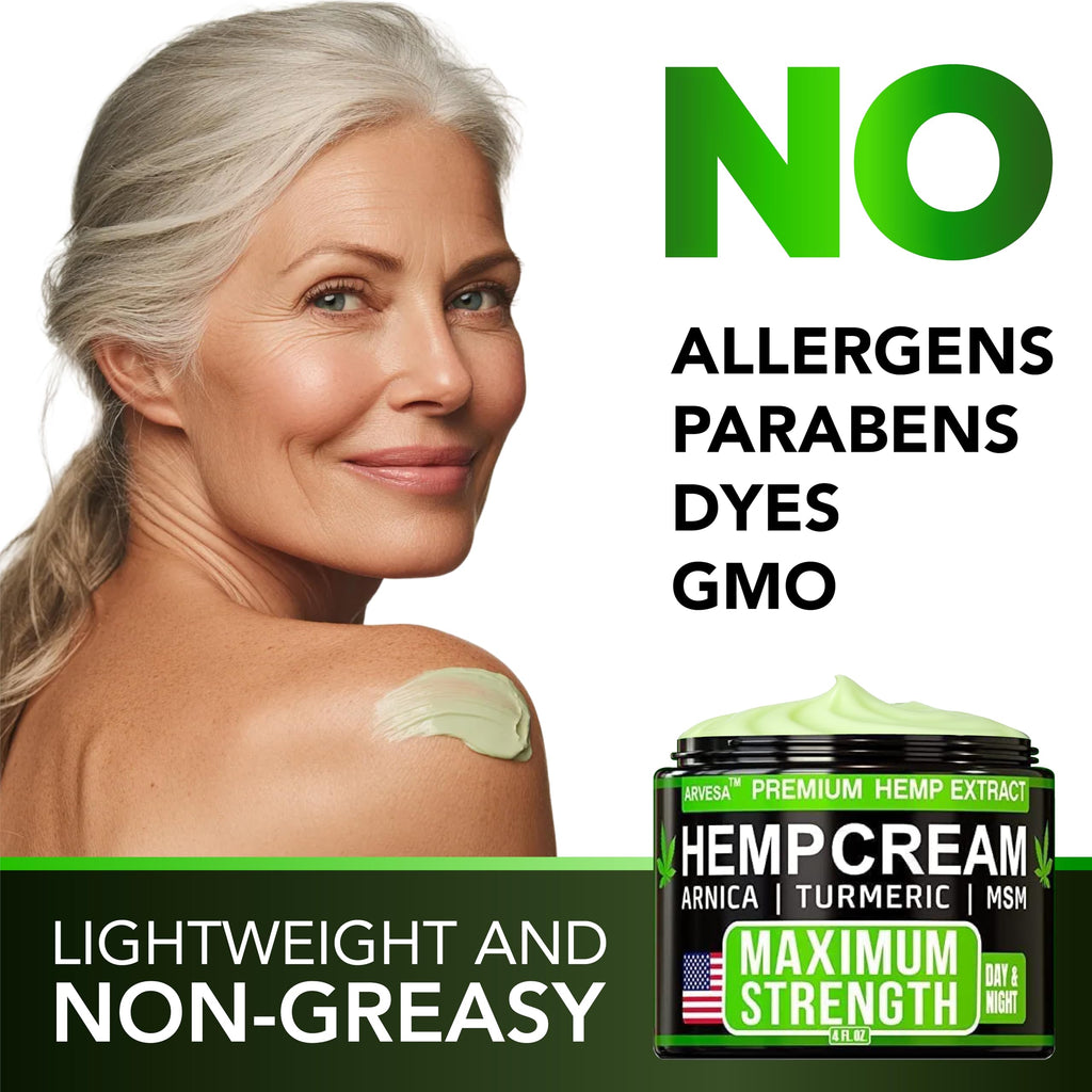 Hemp Cream Maximum Strength with Glucosamine, Arnica, Turmeric, MSM - Natural Hemp Oil Gel Rub - Fast Absorption, Non-Greasy - Advanced Formula - Formulated in USA - 4 FL OZ Arvesa Au supplements