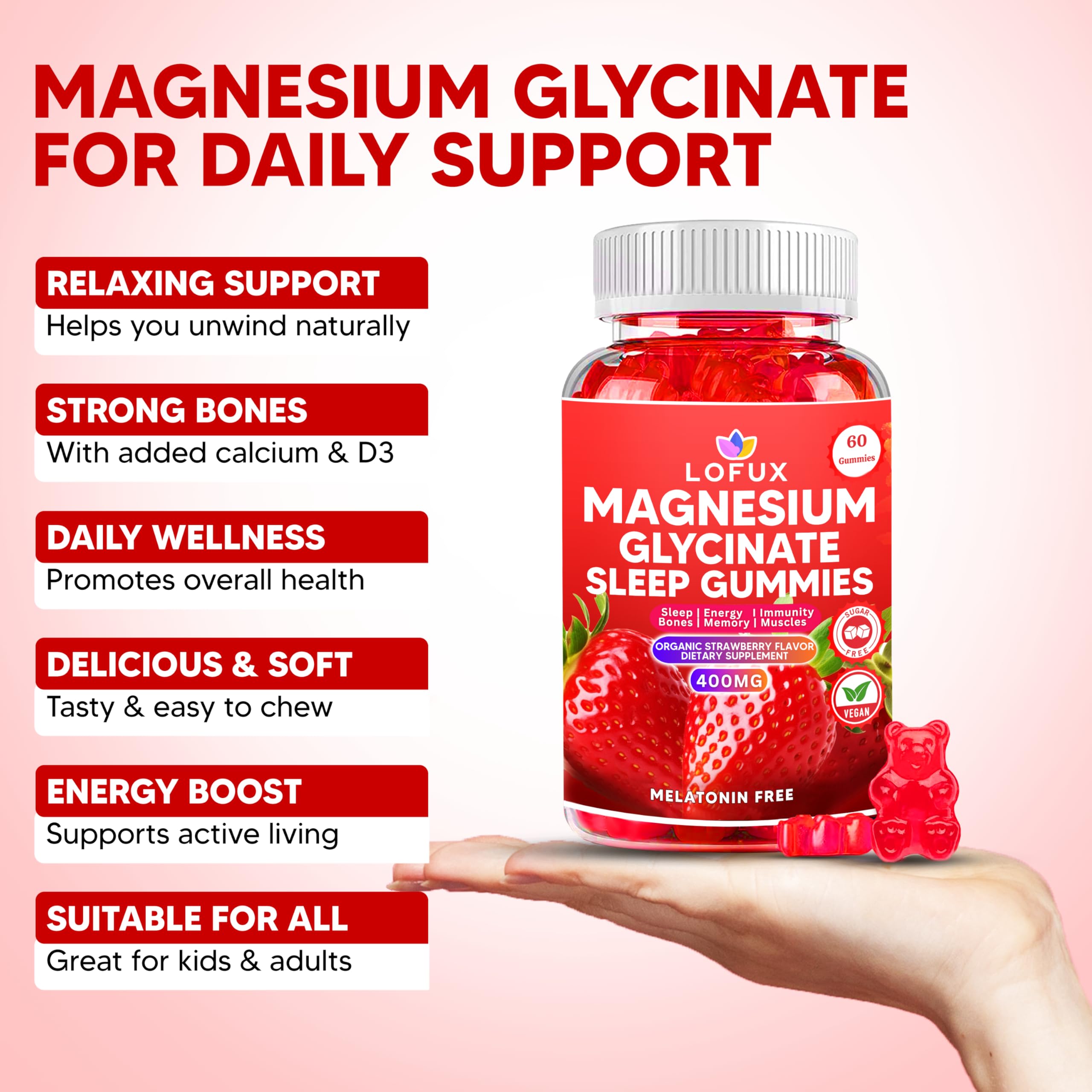 Lofux Magnesium Glycinate Gummies 400mg, Sugar Free Magnesium Gummies for Adults Women, Men, Chewable Supplement Gummy with L-Threonate, Vitamin D, B6, CoQ10