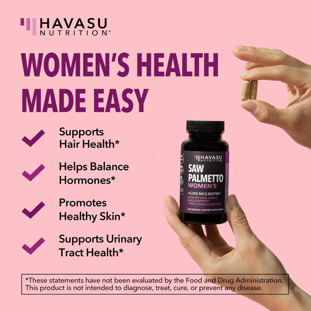 Saw Palmetto for Women with Biotin 5000mcg - Powerful DHT Blocker to Support Hair, Skin, and Nail Health - 60 Count - Vegan, Non-GMO Vitamin for Stronger,