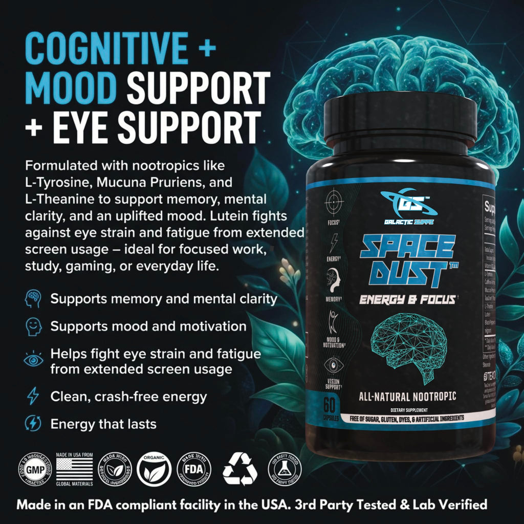 Space Dust Brain Supplements for Memory and Focus – Nootropic Focus Supplement for Brain Health & Mind Boost with TeaCrine, Caffeine, L-Tyrosine, L-Theanine – Cognitive Support Capsules, 60 Count GALACTIC SUPPS Au supplements
