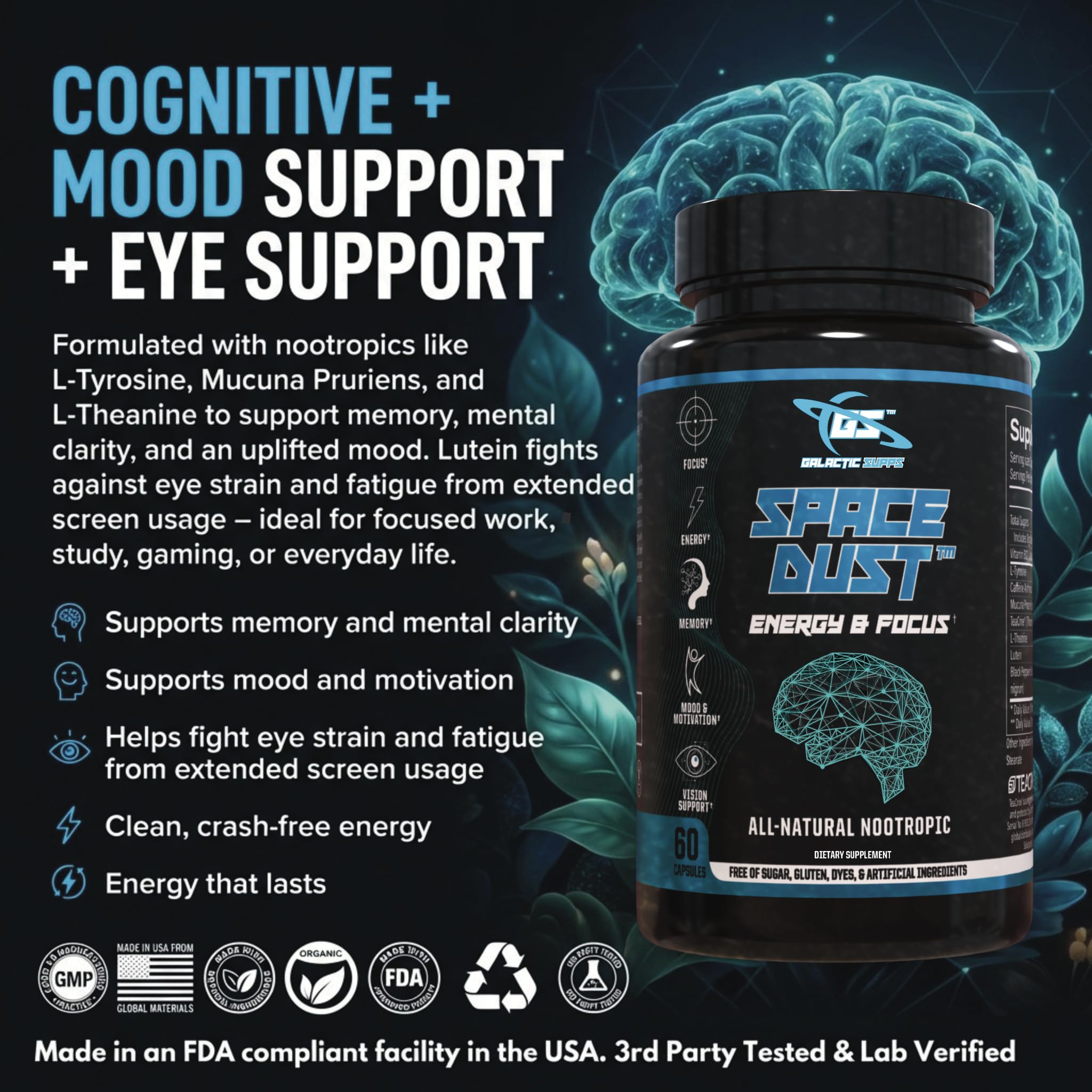 Space Dust Brain Supplements for Memory and Focus – Nootropic Focus Supplement for Brain Health & Mind Boost with TeaCrine, Caffeine, L-Tyrosine, L-Theanine – Cognitive Support Capsules, 60 Count GALACTIC SUPPS Au supplements