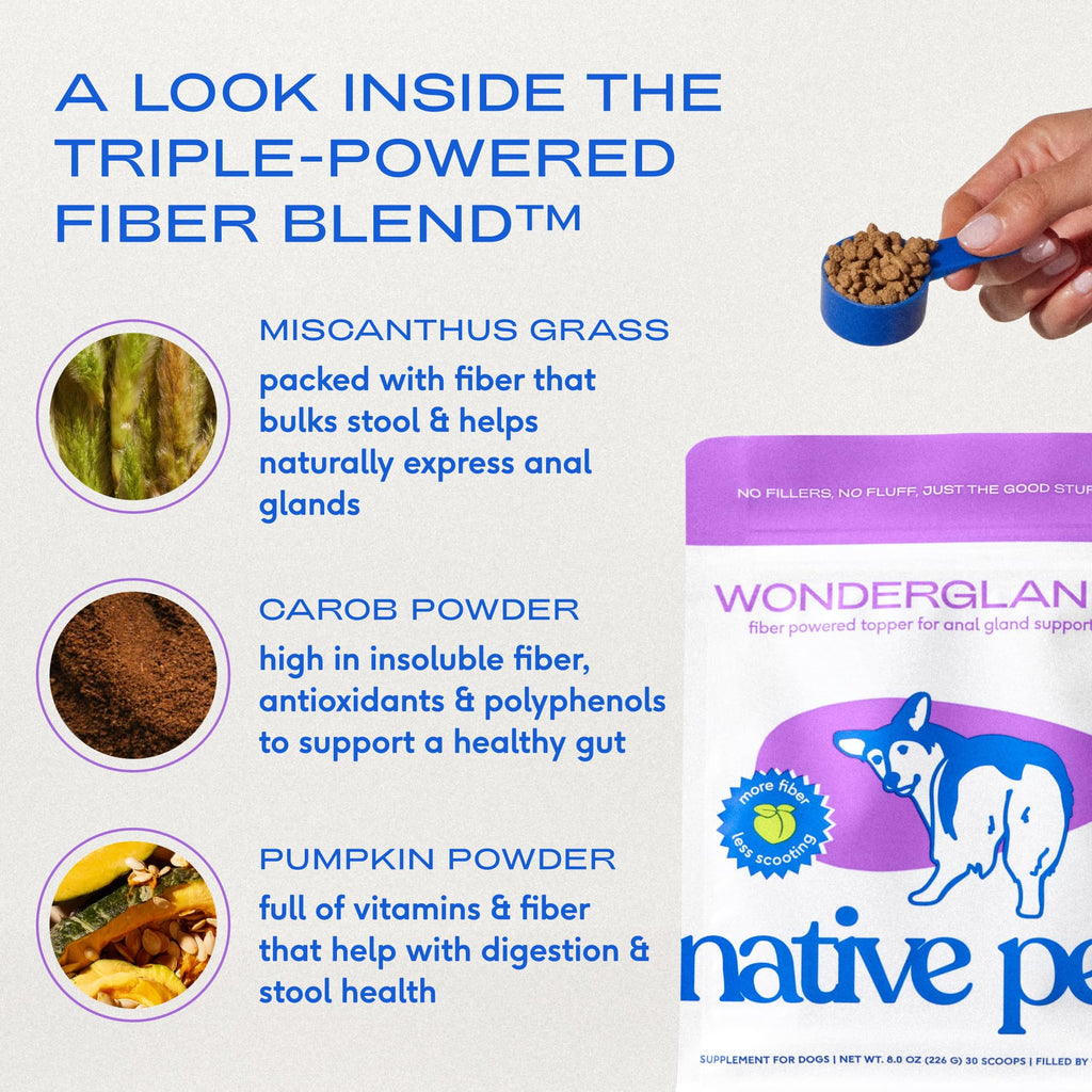 Native Pet WonderGland - Dog Anal Gland Supplement - Promotes Firm Stools, Natural Gland Expression to Help Reduce Scooting - Fiber Food Topper with Miscanthus Grass, Pumpkin & Probiotics - 30 Scoops Native Pet Au supplements