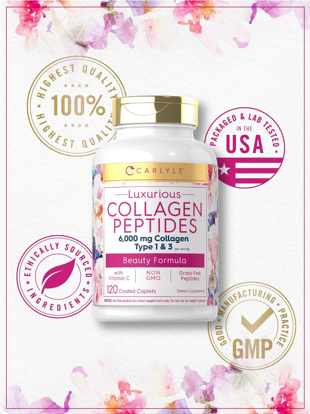 Carlyle Collagen with Vitamin C | 6000mg | 120 Caplets | Multi Collagen Peptide Pills Carlyle Au supplements
