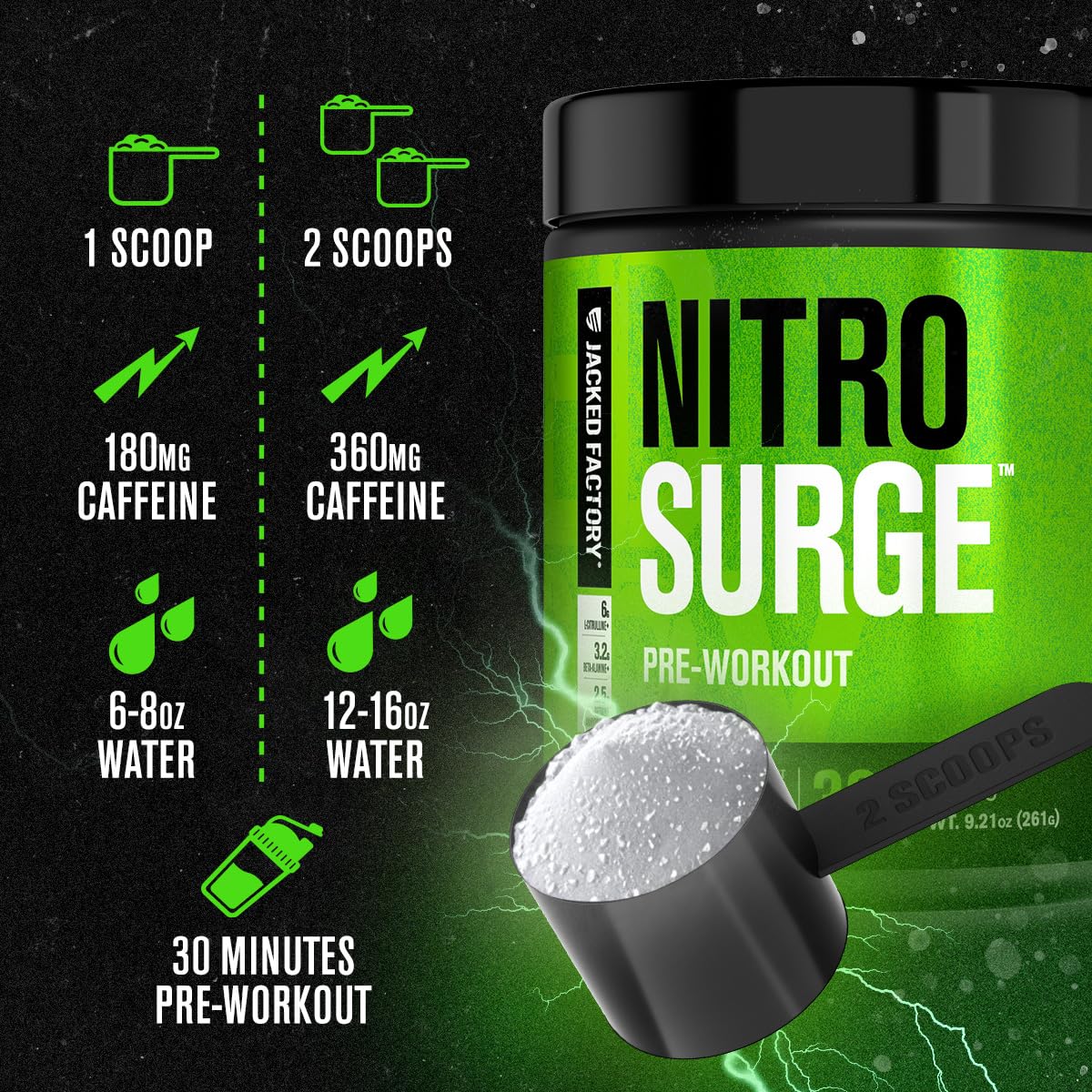 Jacked Factory NITROSURGE Pre Workout Supplement - Endless Energy, Instant Strength Gains, Clear Focus, Intense Pumps - NO Booster & Preworkout Powder with Beta Alanine