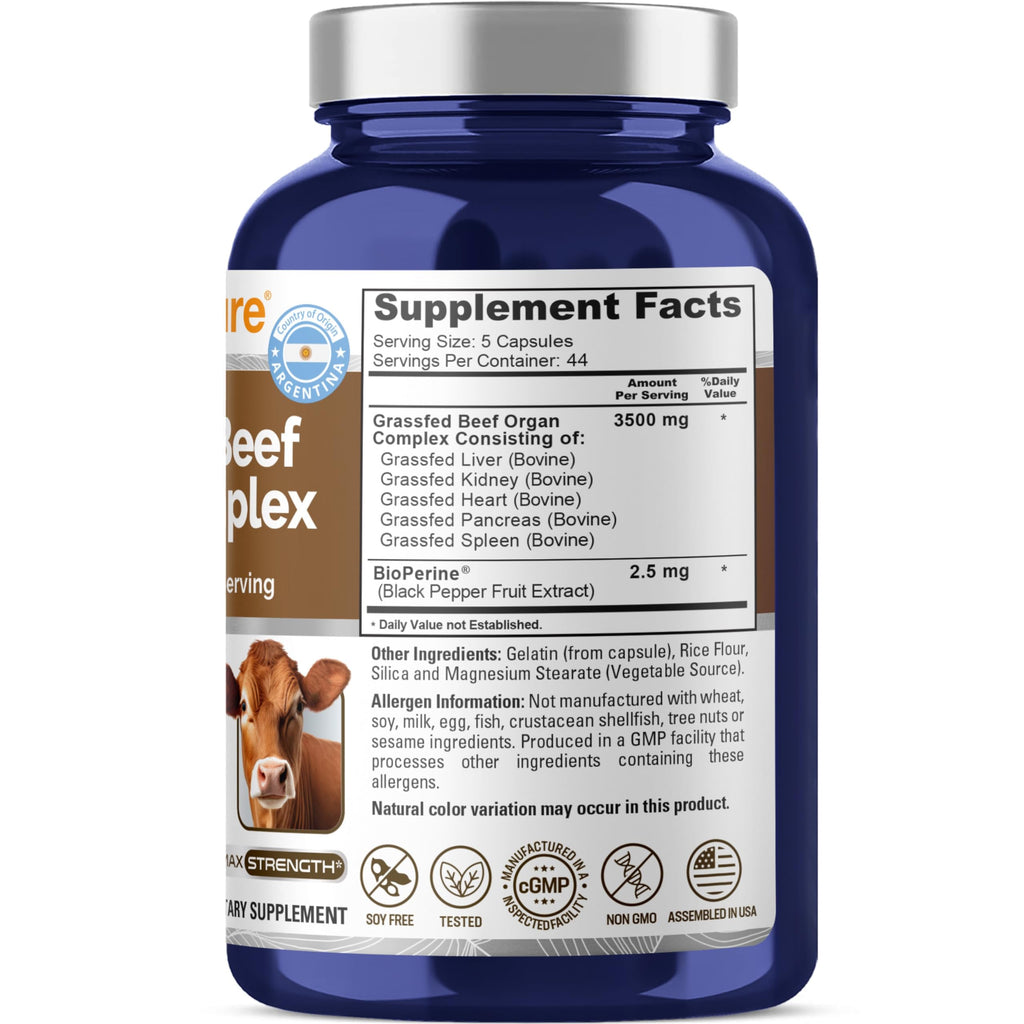 NusaPure Grass Fed Beef Organ Complex | 220 Capsules | Pasture Raised | with Desiccated Liver, Kidney, Pancreas, Heart, Spleen | Soyfree Non-GMO, Bioperine NusaPure Au supplements