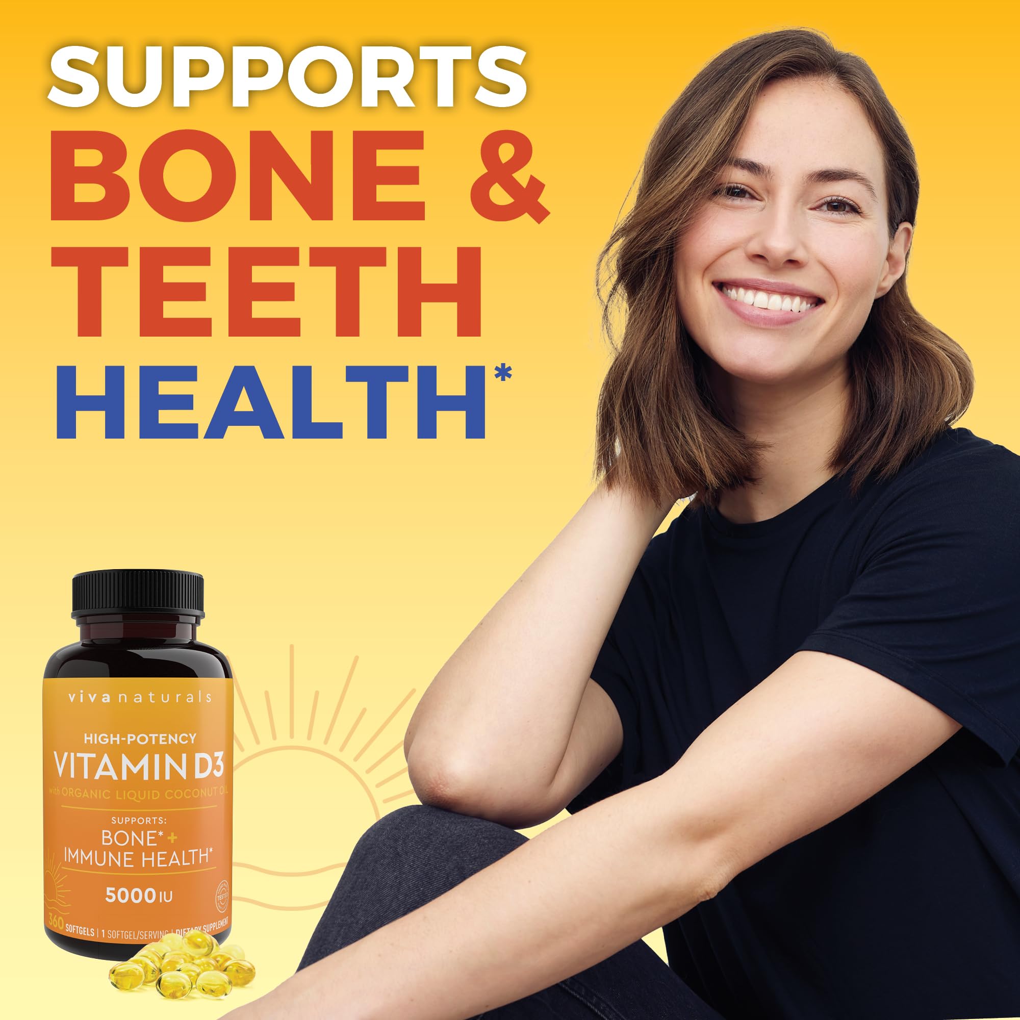 Viva Naturals Vitamin D3 5000 IU Softgels, 360 Count (125 mcg), Supports Bone & Immune Health, High Potency Vitamin D