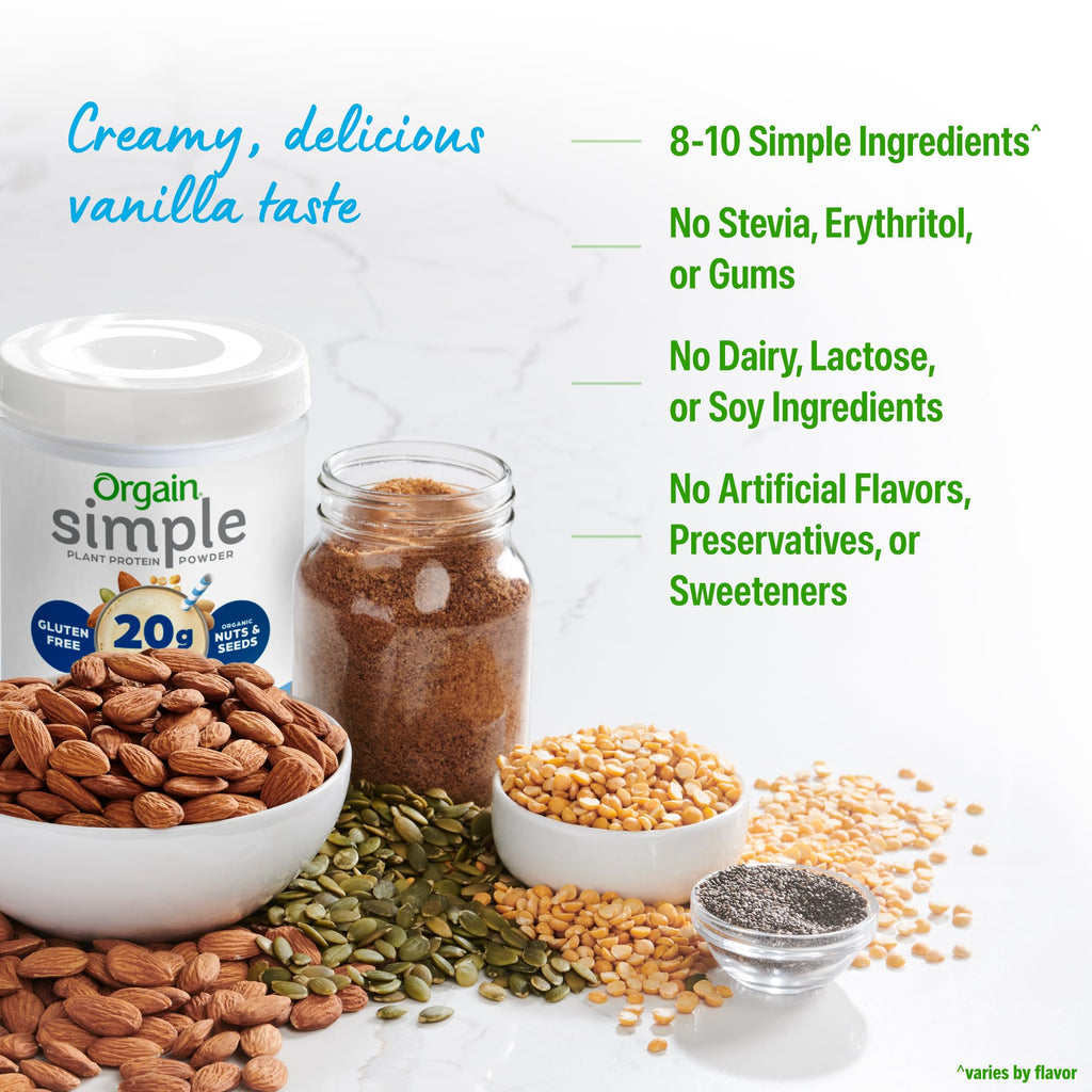 Orgain Organic Simple Vegan Protein Powder, Vanilla - 20g Plant Based Protein, Made with less Ingredients, No Artificial Sweeteners, Gluten Free, No Dairy or Lactose, 1.25 lb (Packaging May Vary)
