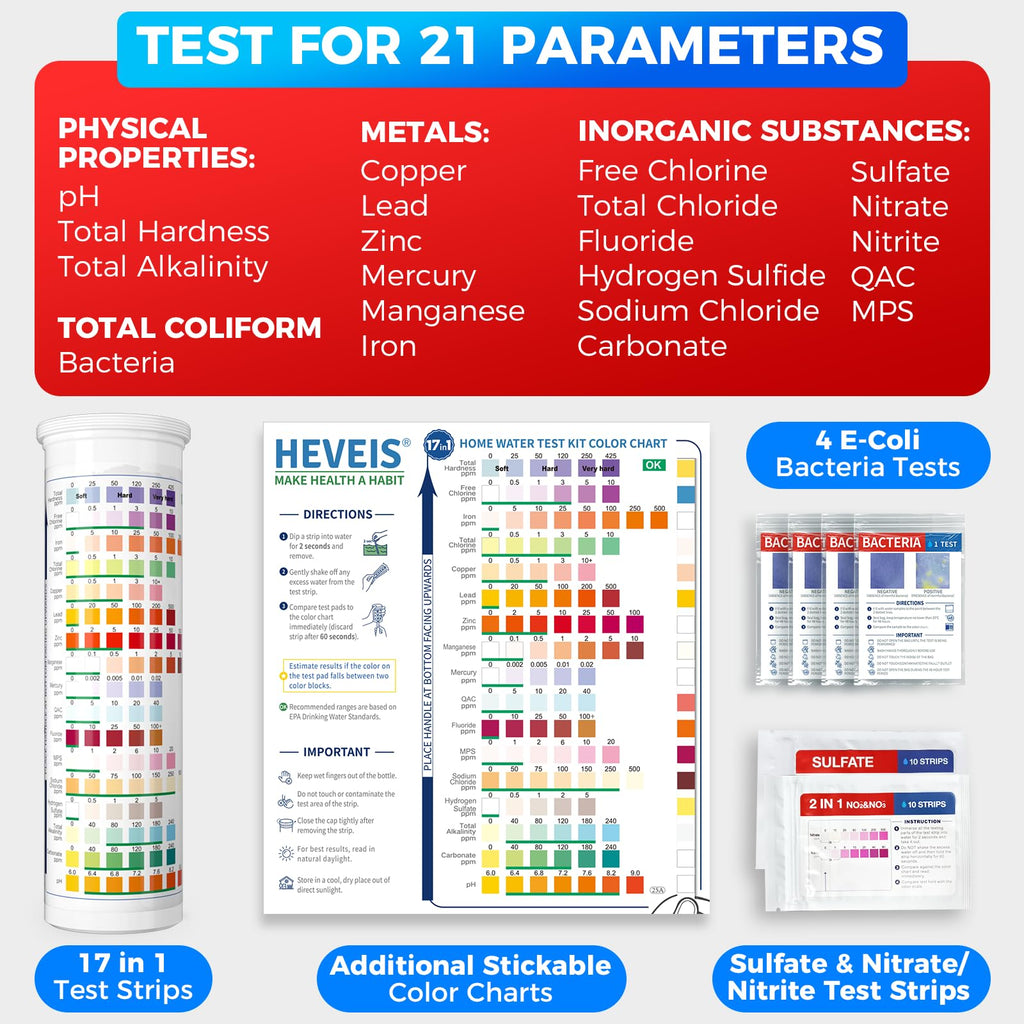 21-in-1 Home Drinking Water Testing Kit - 120 Strips + 4 Bacteria Tests - Tap and Well Water Test Kit, Easy to Test and Read for Hardness, Lead, Iron, Fluoride, pH, Copper, Bacteria and More HEVEIS Au supplements