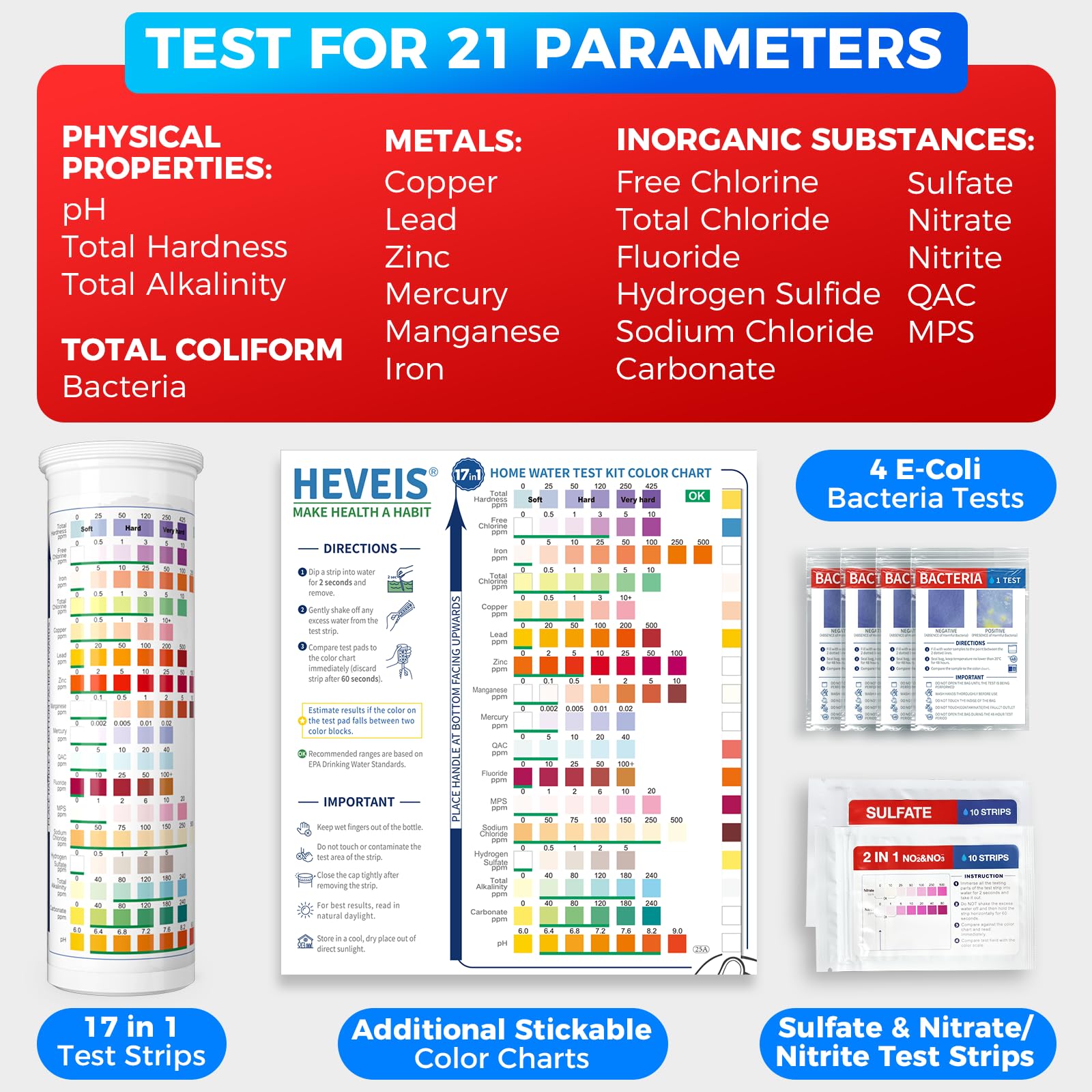 21-in-1 Home Drinking Water Testing Kit - 120 Strips + 4 Bacteria Tests - Tap and Well Water Test Kit, Easy to Test and Read for Hardness, Lead, Iron, Fluoride, pH, Copper, Bacteria and More HEVEIS Au supplements