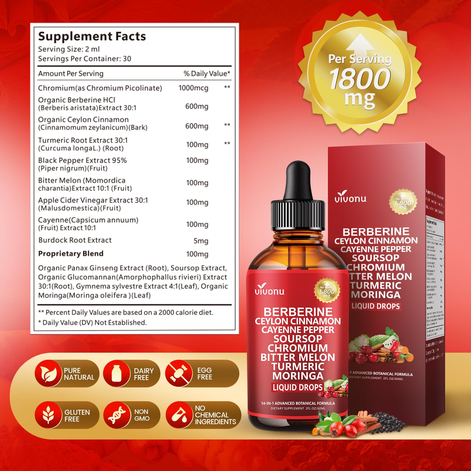 14-in-1 Berberine with Ceylon Cinnamon Supplement Liquid Drops, 1800mg + 30:1 Liposomal Tech with Cayenne Pepper, Soursop, Chromium, Bitter Melon, Turmeric, Moringa, Gymnema