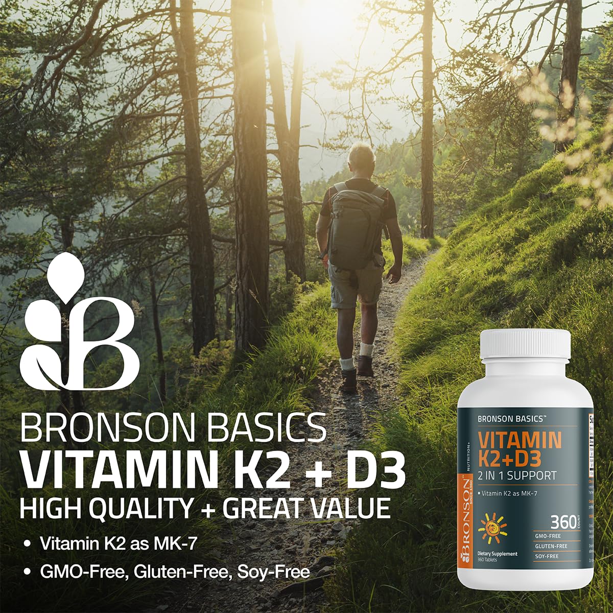 Bronson Vitamin K2 D3 (MK7) Supplement Non-GMO Formula Vitamin D3 5000IU (125 mcg) & 90 mcg K2 MK-7, Easy to Swallow D