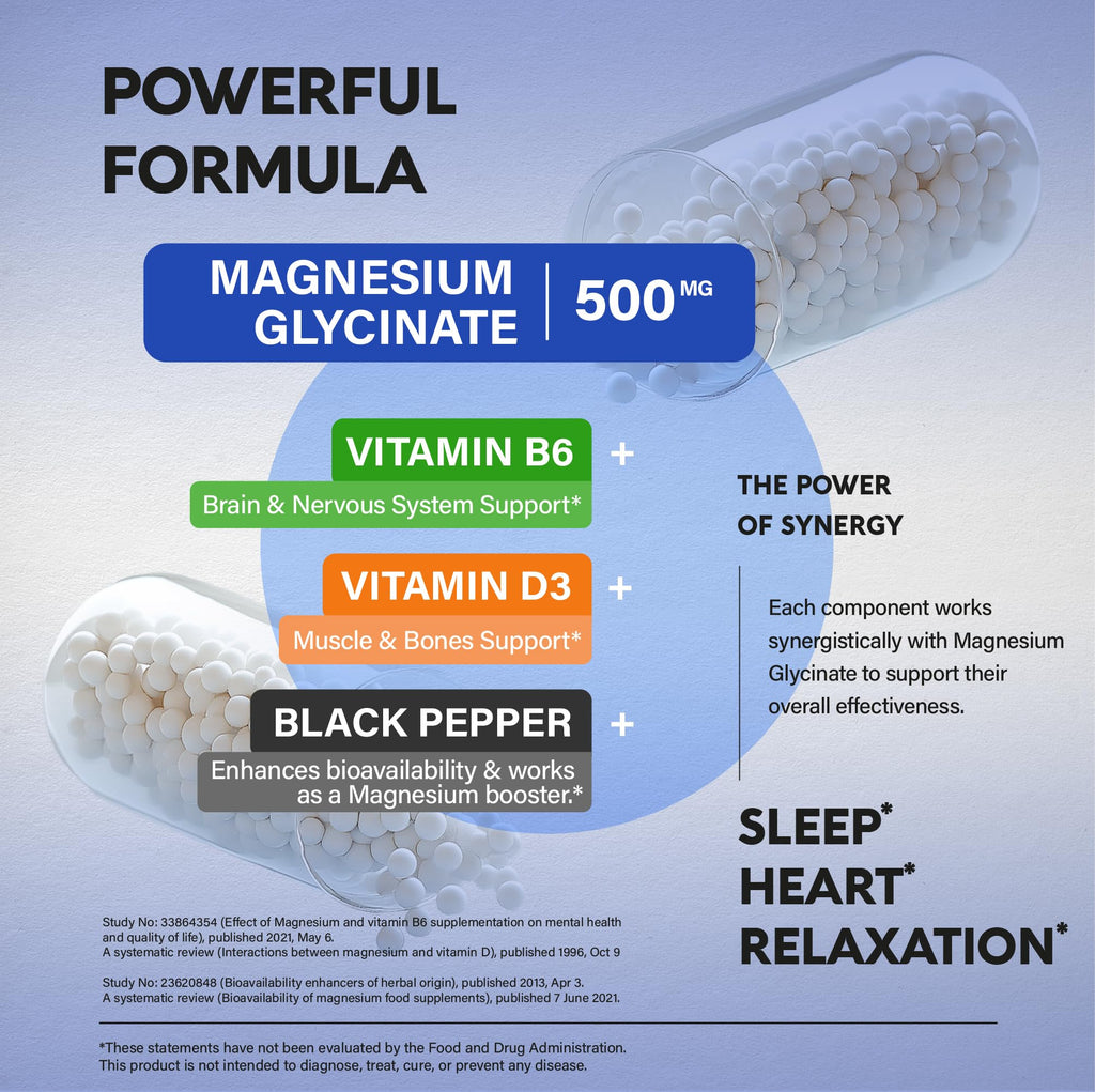 Magnesium Glycinate 500 mg - Chelated Supplement - High Absorption Form of Magnesium - Support for Sleep, Muscle & Heart Health