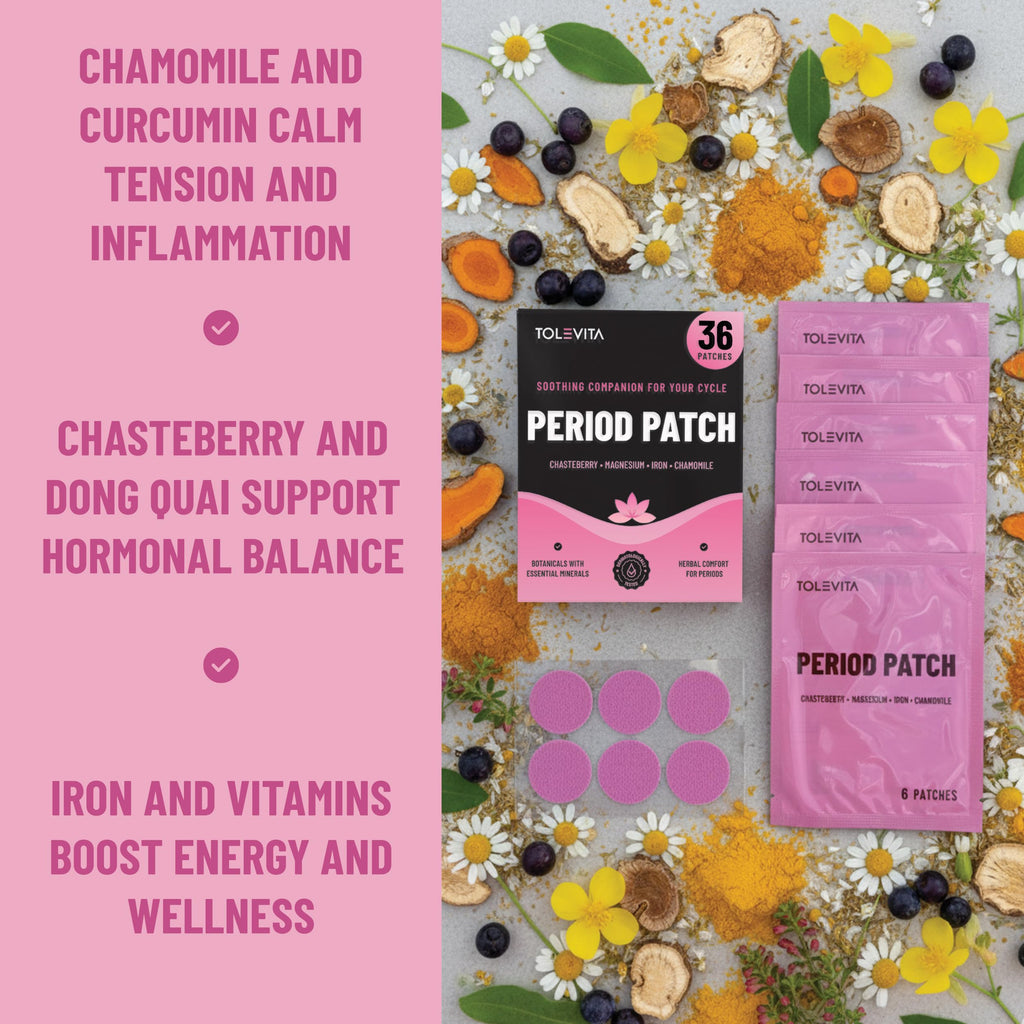TOLEVITA Period Relief Patches 36 Pcs – Herbal Cramp Support with Chasteberry, Magnesium, Evening Primrose, Dong Quai, Curcumin, Vitamins B6 & E, Iron, Chamomile – Hormonal Balance & Menstrual Comfort TOLEVITA Au supplements