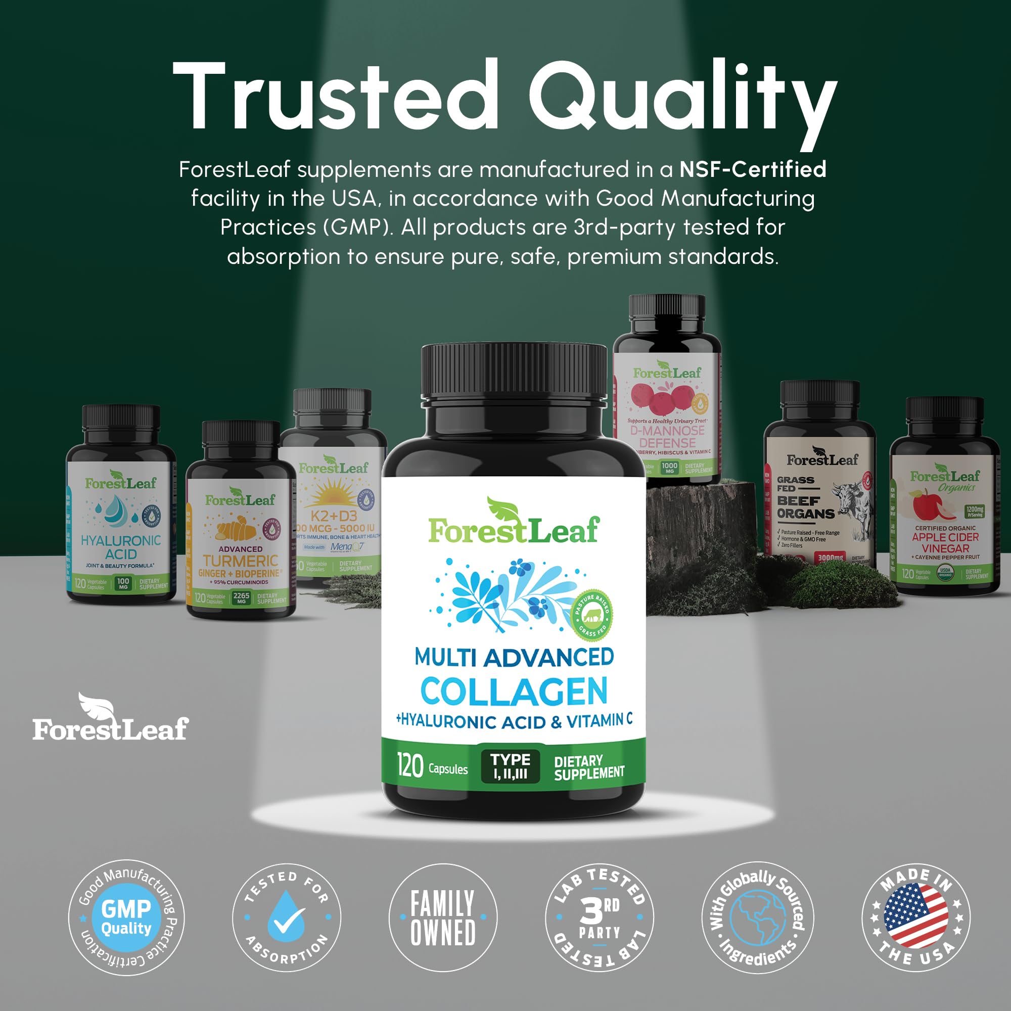 ForestLeaf Multi Collagen Pills with Hyaluronic Acid + Vitamin C | Hydrolyzed Collagen Supplements for Women or Men | Multi Collagen Capsules Peptides for Skin, Wrinkles, 120 Caps ForestLeaf Au supplements