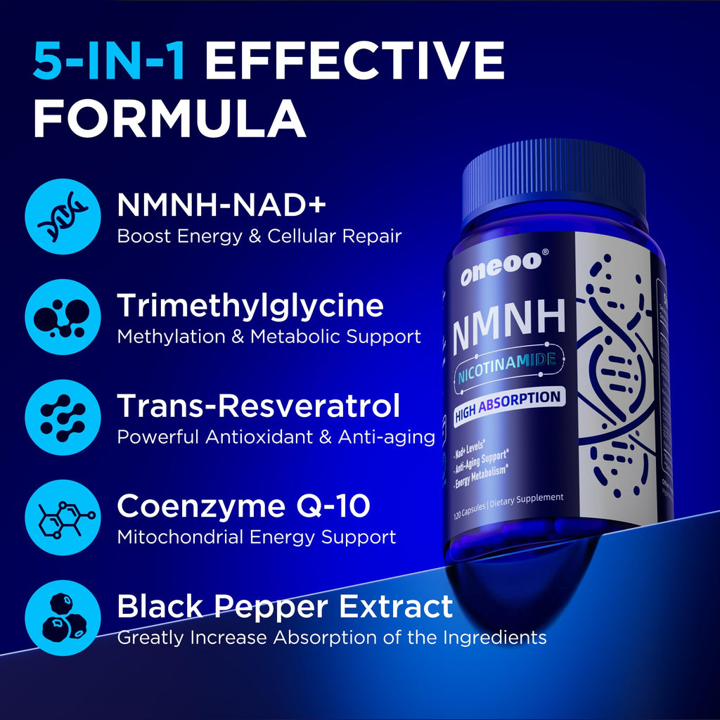 Oneoo NMNH Supplement with NAD Supplement Maximum Potency with Resveratrol & Pterostilbene, CoQ10 & Black Pepper, for Cellular Energy, Anti-Aging Support, Sirtuin Activation & Methylation Support, 120 Oneoo Au supplements