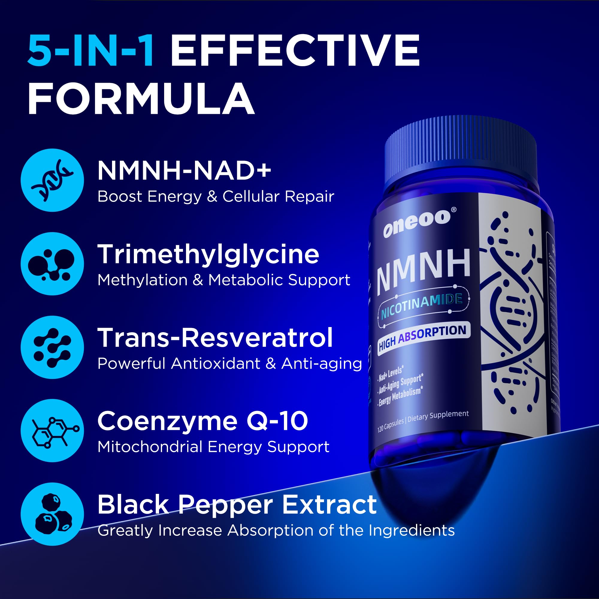 Oneoo NMNH Supplement with NAD Supplement Maximum Potency with Resveratrol & Pterostilbene, CoQ10 & Black Pepper, for Cellular Energy, Anti-Aging Support, Sirtuin Activation & Methylation Support, 120 Oneoo Au supplements