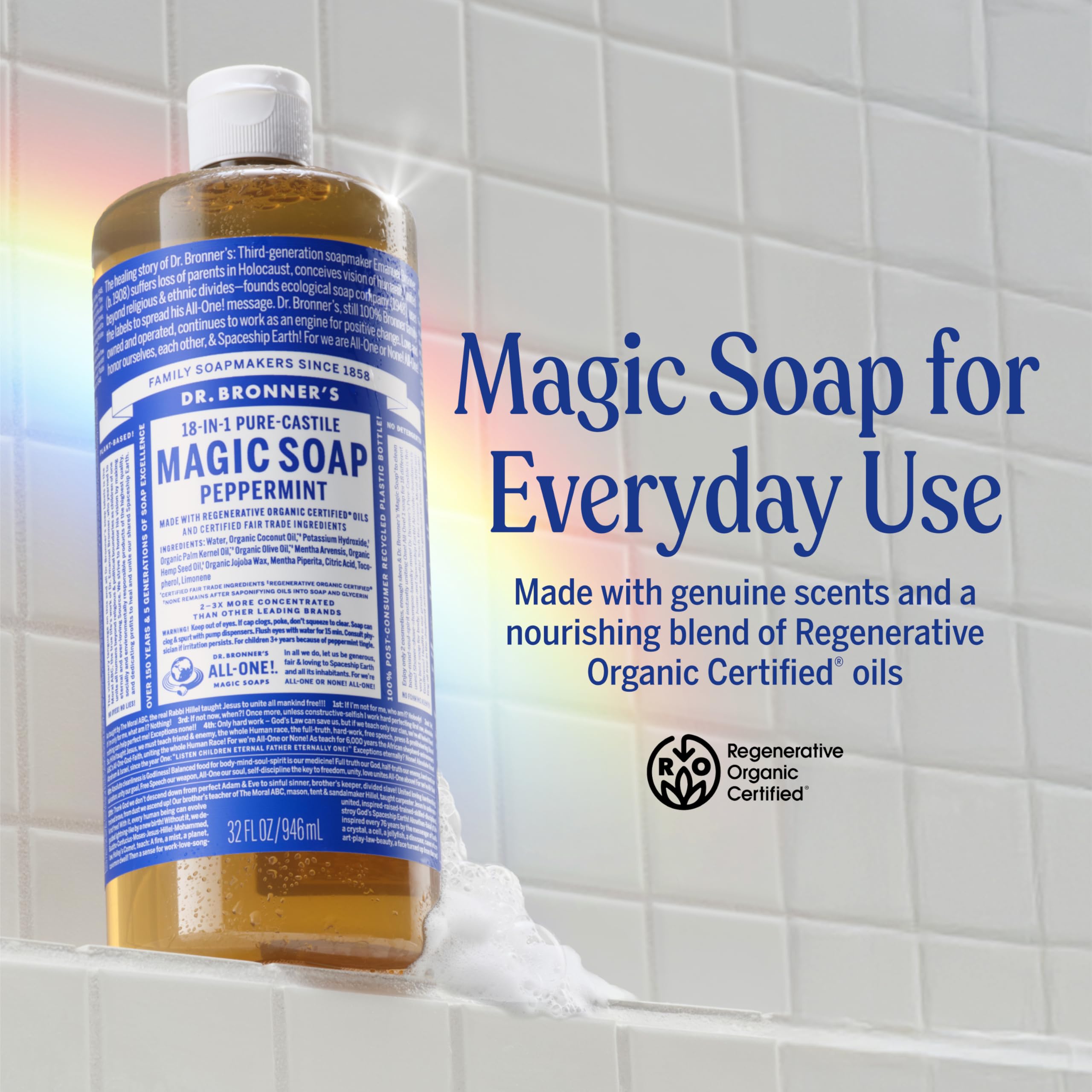 Dr. Bronner's Pure-Castile Magic Liquid Soap - Made with Regenerative Organic Certified Oils- 18-in-1 Uses for Face