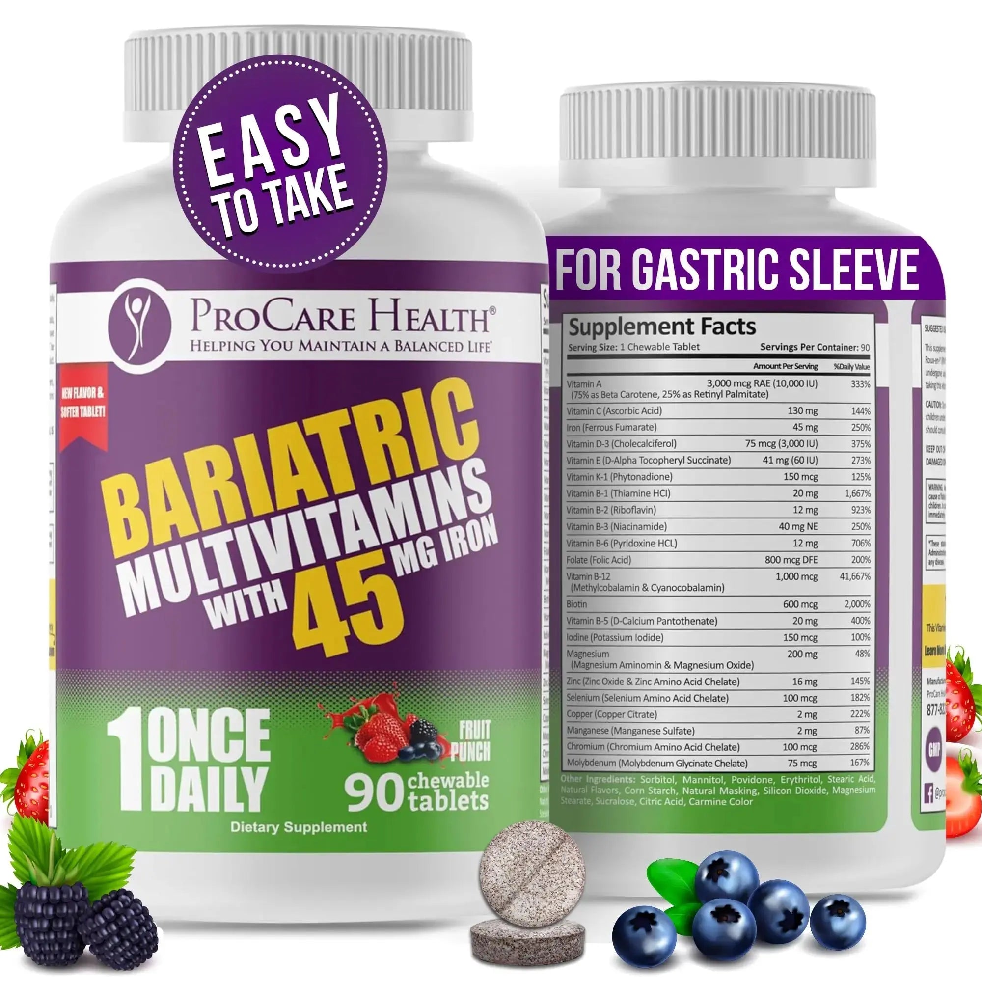 Procare Health Bariatric Multivitamin with Iron 45mg Chewable (90 Tablets) - Fruit Punch Flavor Bariatric Multivitamin Chewable Pills for Gastric Bypass ProCare Health Au supplements