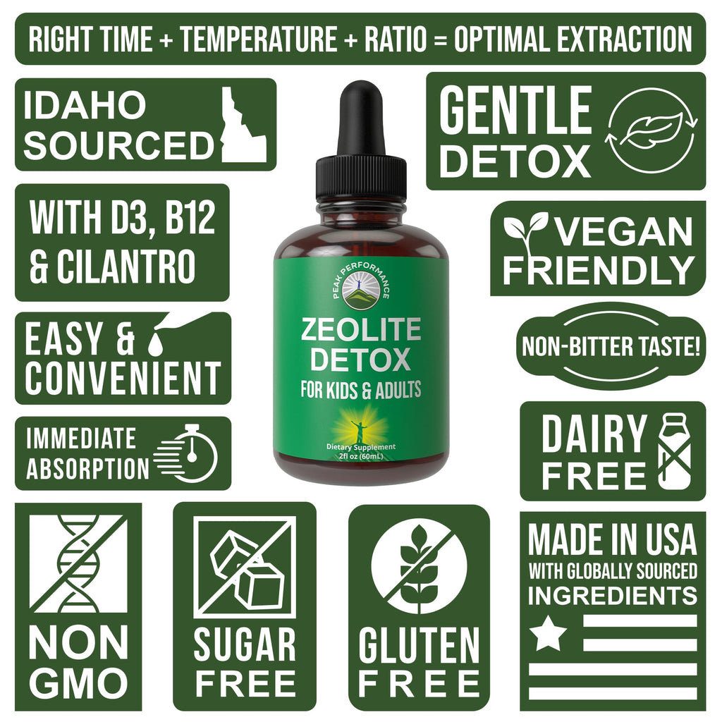 Zeolite Detox for Kids & Adults with Cilantro. Volcanic Mineral from Idaho USA. Zeolite Clinoptilolite Liquid Drops Gentle Cleanse Supplement with Vitamins B12 & D. Support Focus, Energy, Gut, Speech Peak Performance Au supplements