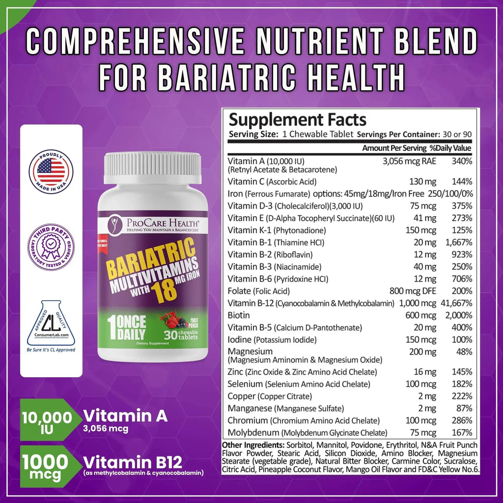 ProCare Health Bariatric Chewable Multivitamin with Iron 18mg (30 Tablets) - Fruit Punch Flavor Bariatric Multivitamin Chewable ProCare Health Au supplements