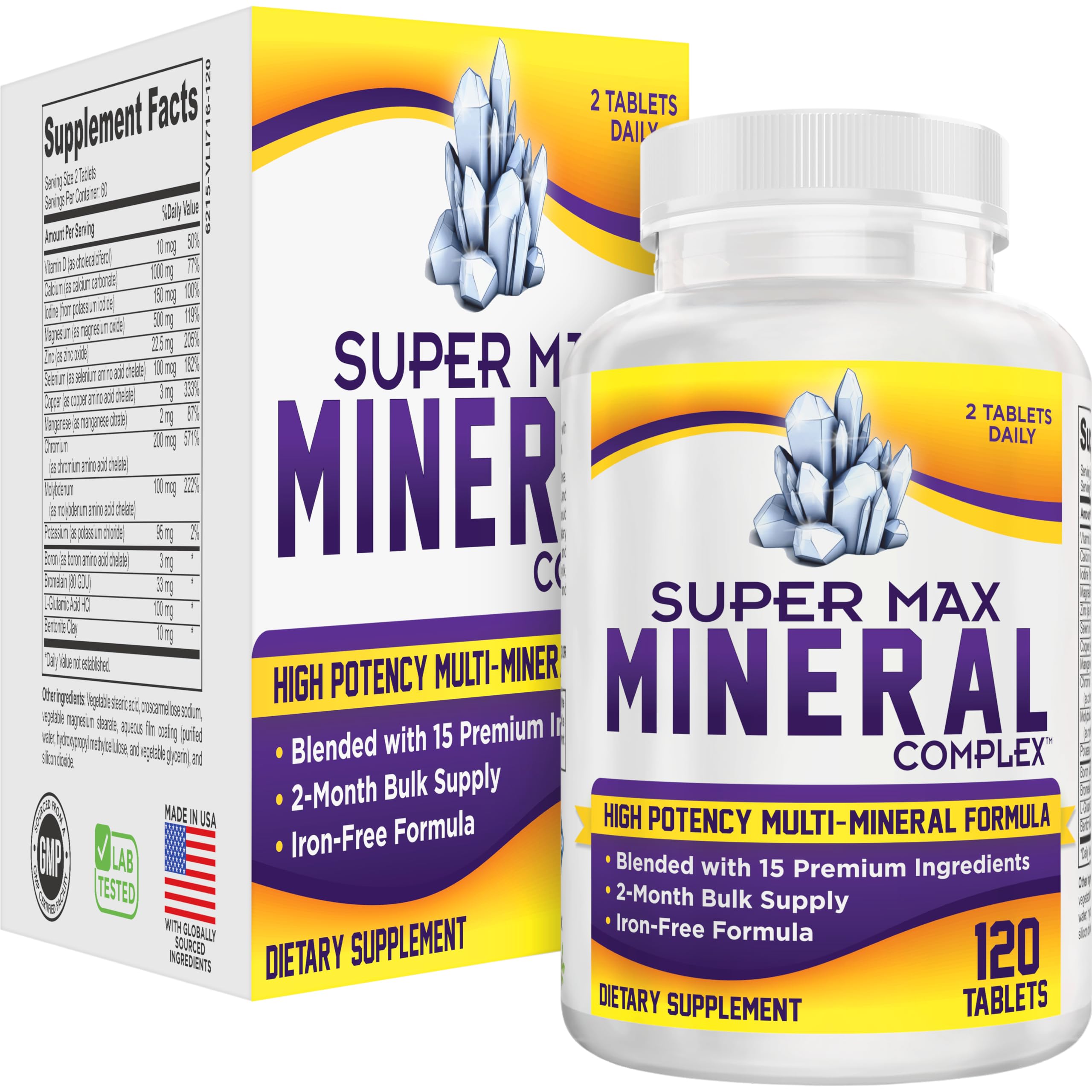 2-Month Multimineral Supplement Support Iron-Free Formula | Daily Multiminerals | Multi-Mineral Supplements | Minerals Complex | 60-Day Bulk Supply | 120 Tablets