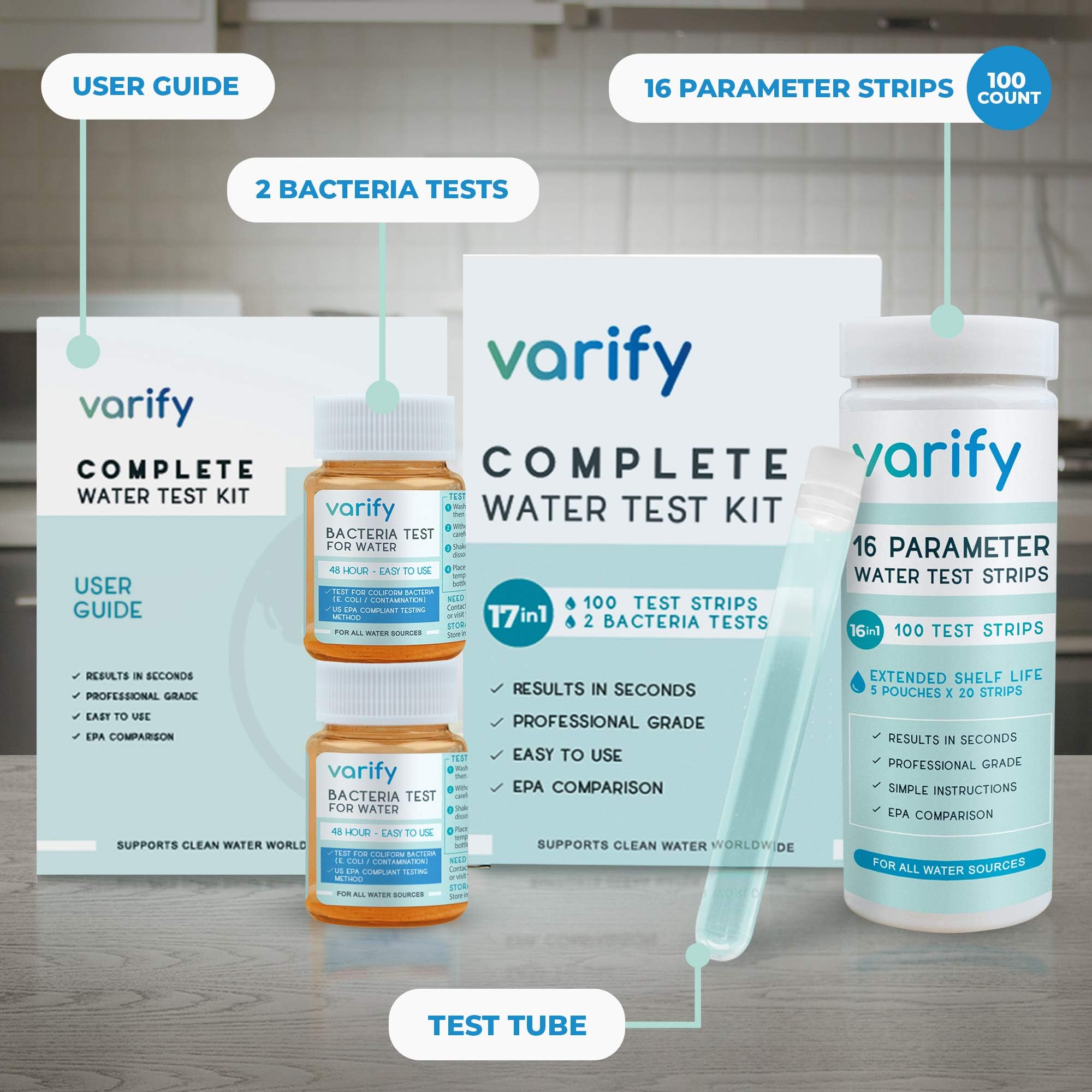 Varify 17in1 Complete Drinking Water Test Kit - 100 Strips + 2 Bacteria Tester Kits - Well, Tap, Home, City Water Testing Strip for Lead, Alkaline, Chlorine, Hardness, Iron, Fluoride, Copper & More VARIFY Au supplements