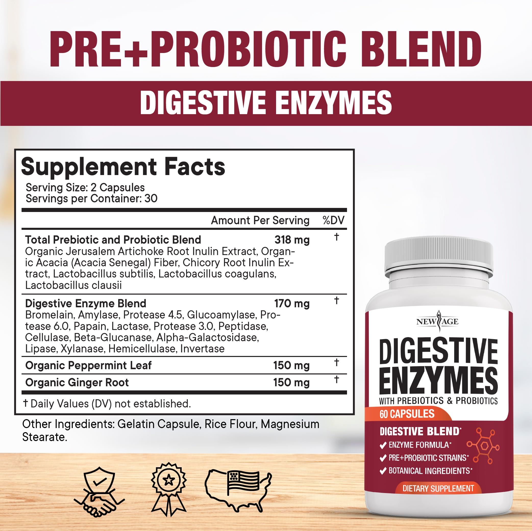 NEW AGE Digestive Enzymes for Gut Health - Probiotic Multi Enzymes with Prebiotics and Probiotics with Lipase for Women and Men for Digestive Health,