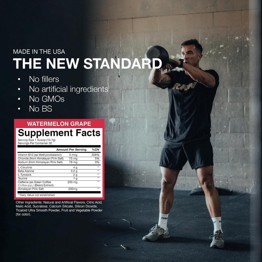 RAW Essential Pre-Workout Powder (Watermelon Grape) - Chris Bumstead Sports Nutrition Supplement for Men & Women - Preworkout Energy Powder with Caffeine, L-Citrulline,