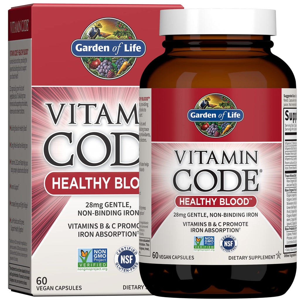 Garden of Life Vitamin Code Healthy Blood - Iron Supplement for Women, 60 Vegan Capsules, with Vitamins B, C, Trace Minerals