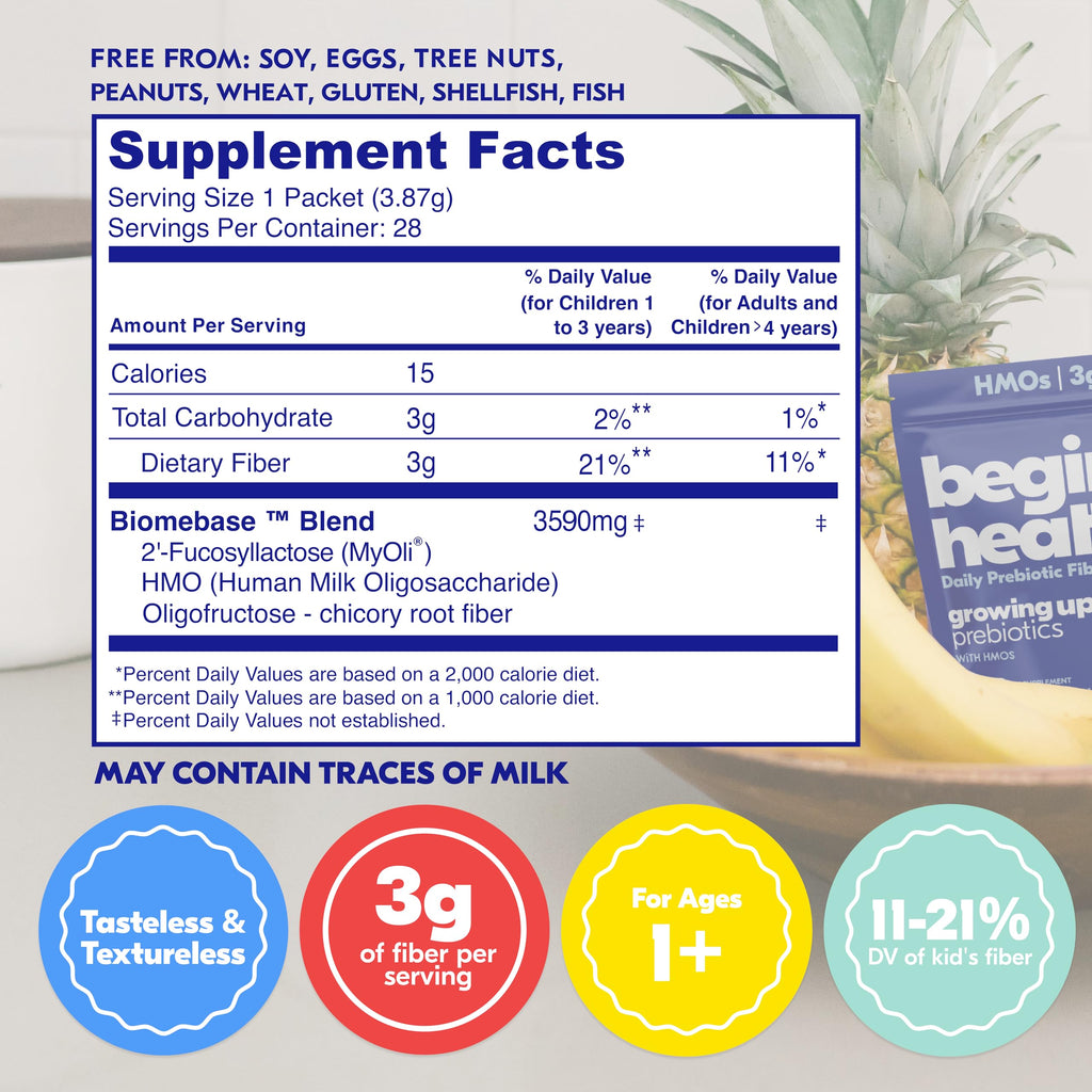 Begin Health Growing Up Prebiotics for Kids 28-Packs | Prebiotic Soluble Powder Stool Softeners and Digestive Gut Health Supplement | Ideal to Mix with Kids Daily