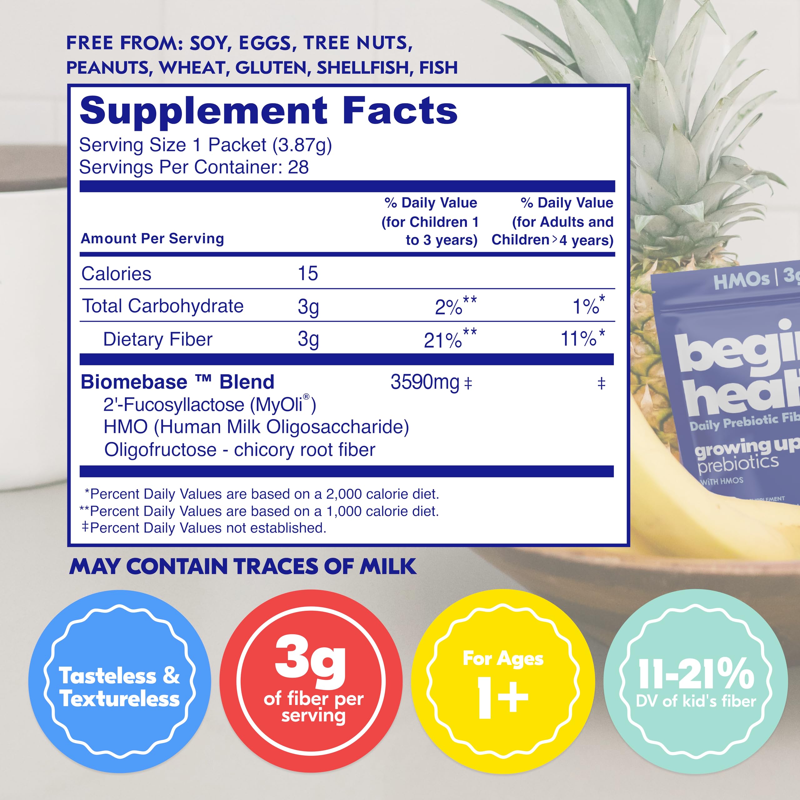Begin Health Growing Up Prebiotics for Kids 28-Packs | Prebiotic Soluble Powder Stool Softeners and Digestive Gut Health Supplement | Ideal to Mix with Kids Daily