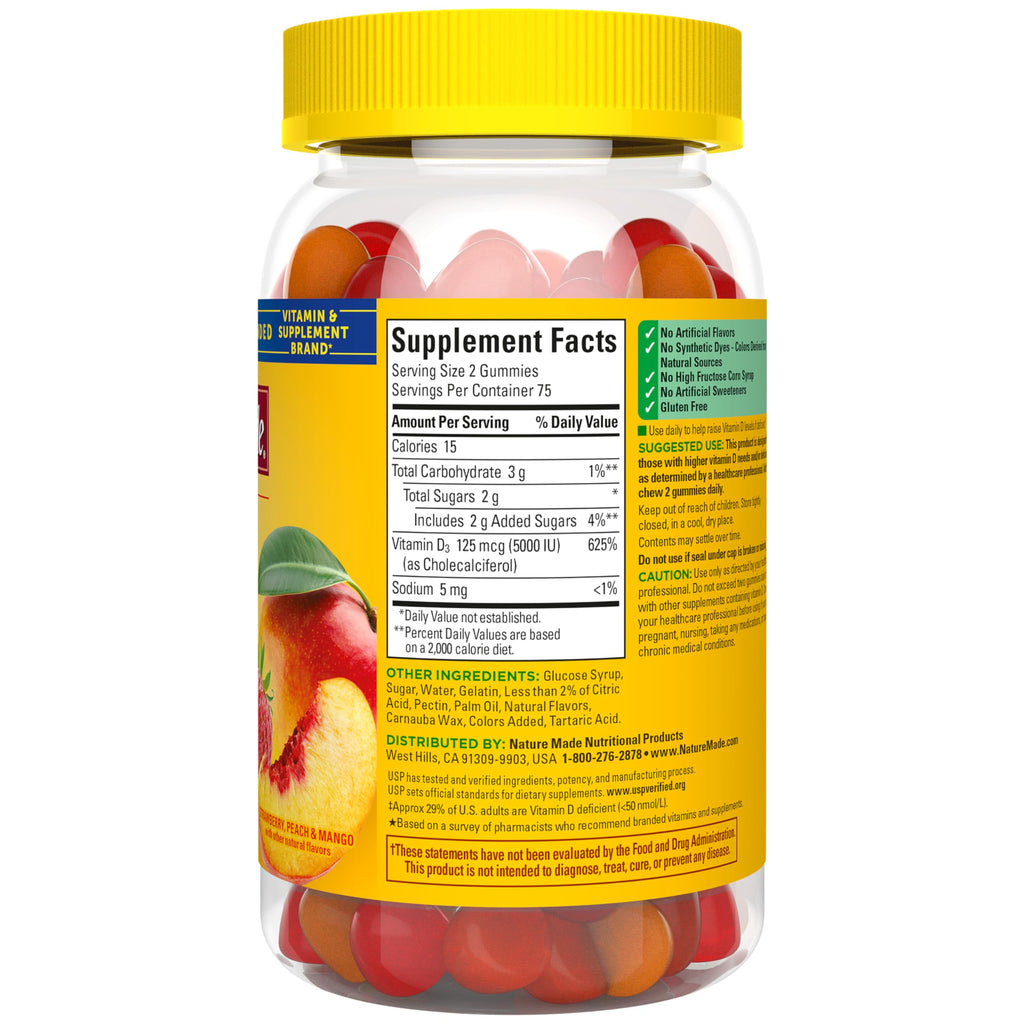 Nature Made Vitamin D3 5000 IU Per Serving Gummies Extra Strength, Bone and Immune Health Support, 150 Vitamin D Gummies for Adults, 75 Day Supply