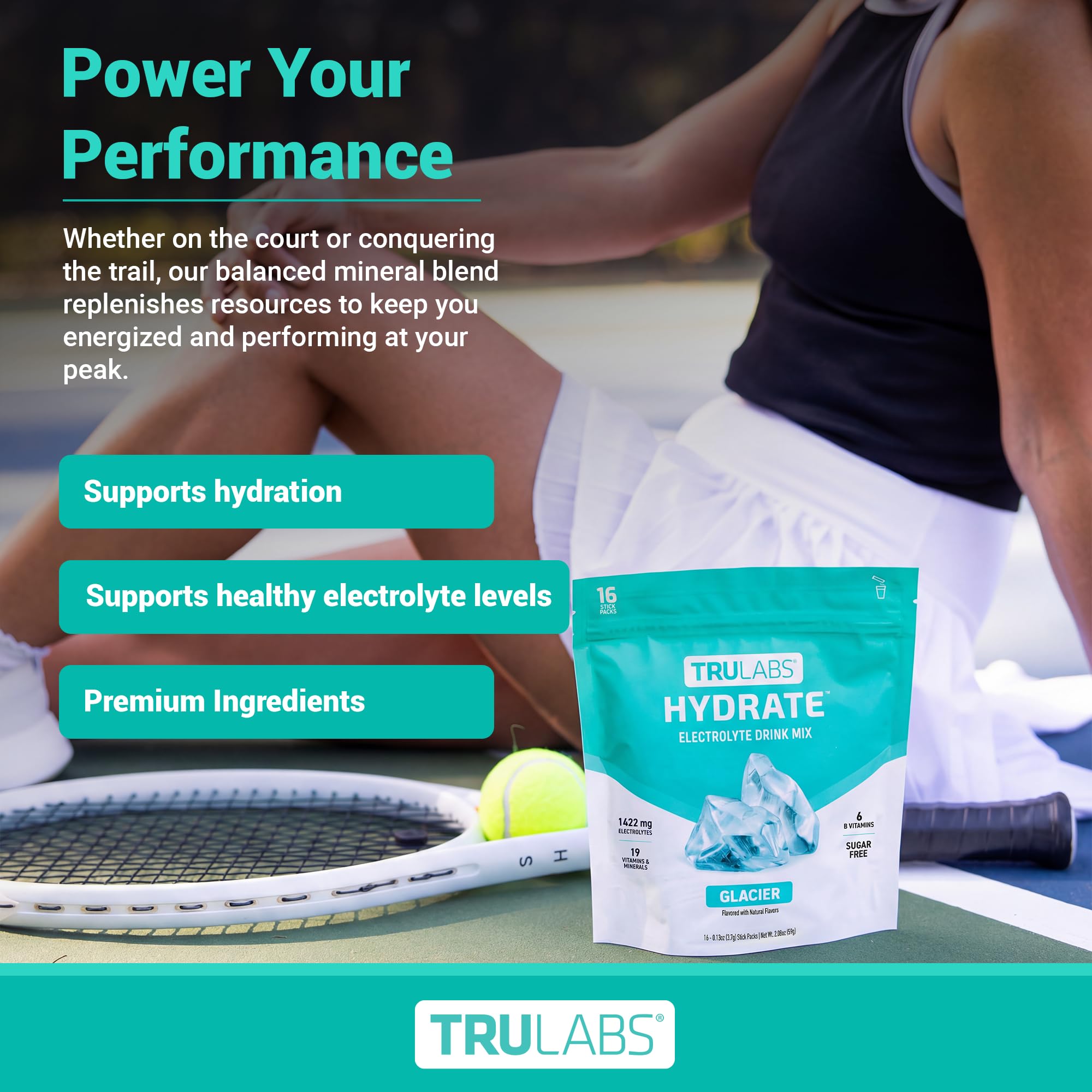 TRULABS Hydrate Electrolyte Drink Mix – Glacier Flavor, Sugar-Free Hydration Packets with 1422 mg Electrolytes & 19 Vitamins & Minerals, Monk Fruit Sweetened, On-the-Go Sticks (16 Count)