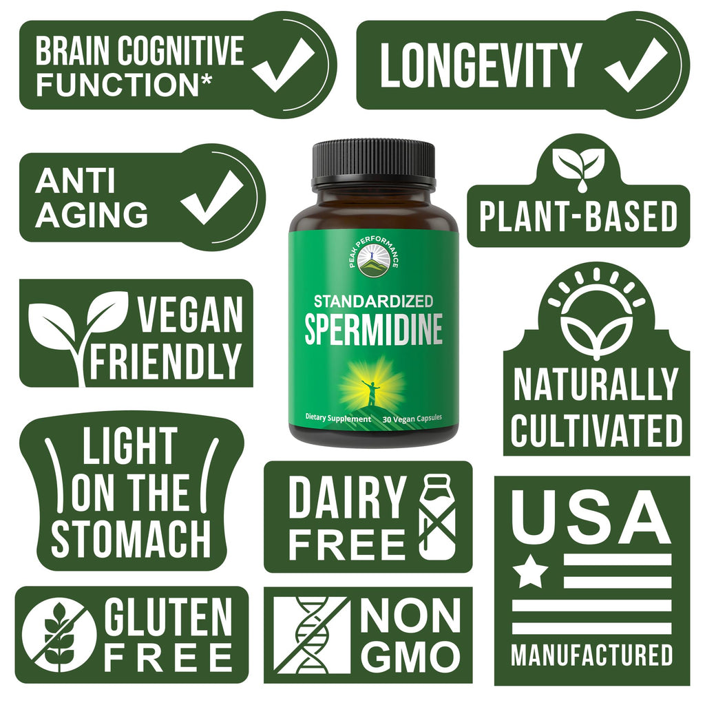 Spermidine Supplement Ultra High Strength Standardized to 99% Spermidine Trihydrochloride. More Potent Than Wheat Germ Extract. Vegan Capsules for Healthy Aging, Longevity. USA Tested Supplements Peak Performance Au supplements