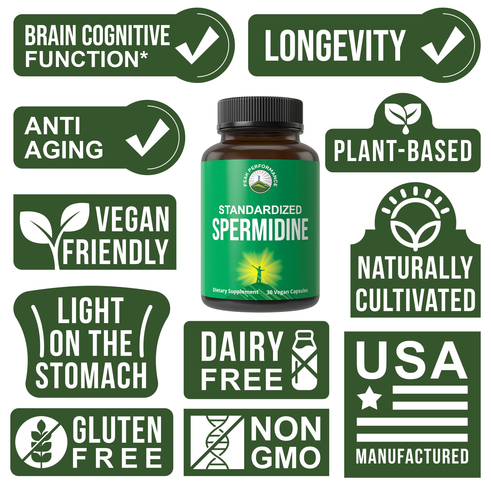 Spermidine Supplement Ultra High Strength Standardized to 99% Spermidine Trihydrochloride. More Potent Than Wheat Germ Extract. Vegan Capsules for Healthy Aging, Longevity. USA Tested Supplements Peak Performance Au supplements