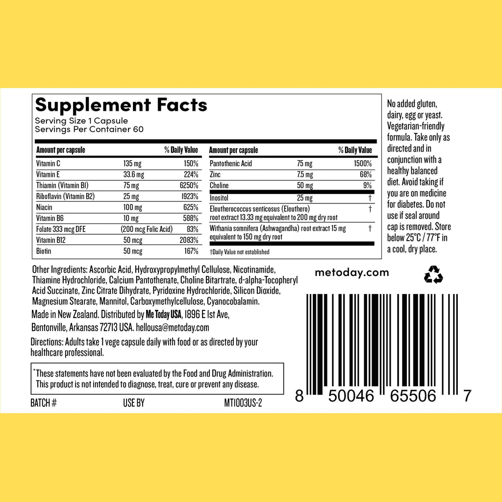 me today Energise Supplement Super B Vitamin B Complex for Men & Women - B6, B12 with Vitamin C, Zinc, Ashwagandha and Siberian Ginseng