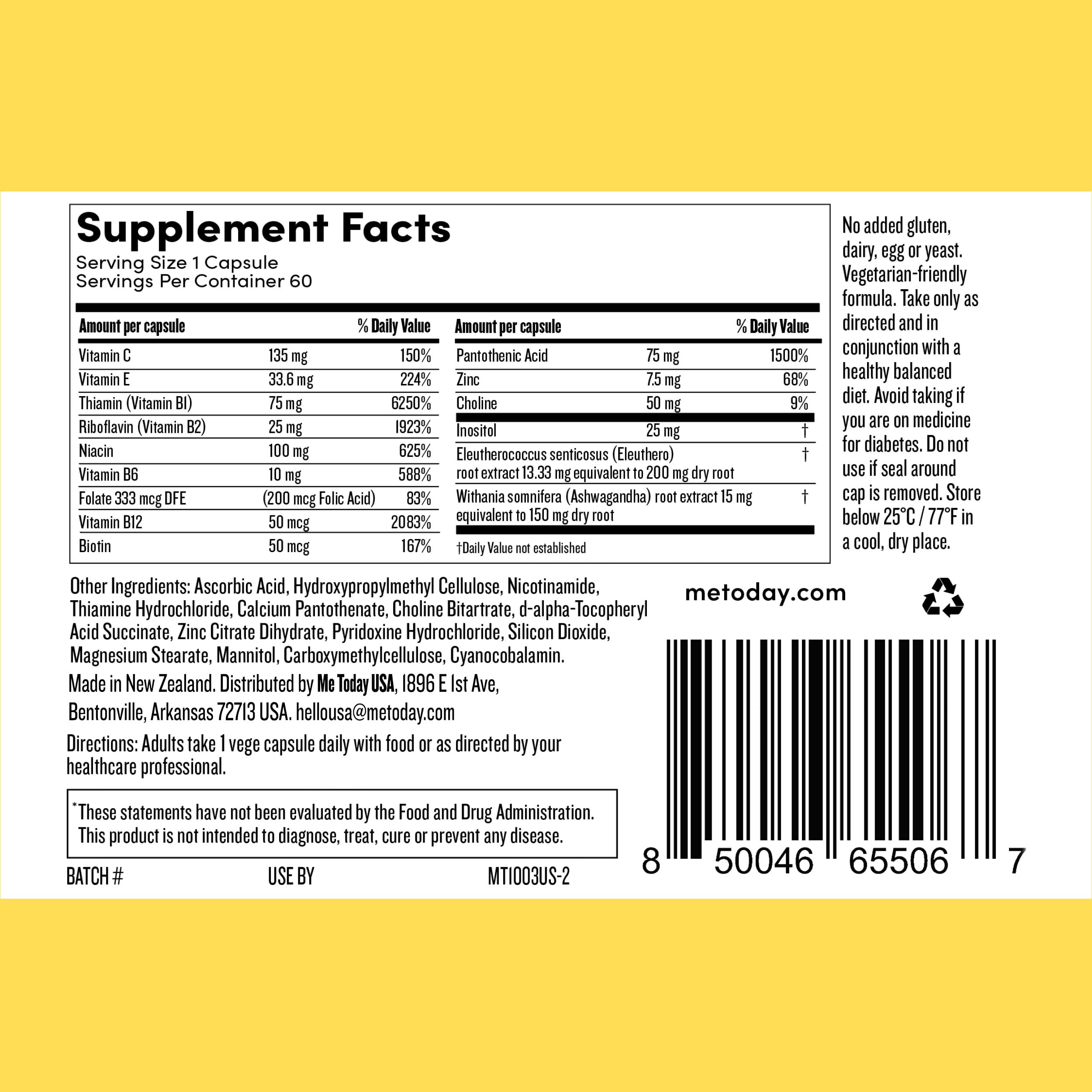 me today Energise Supplement Super B Vitamin B Complex for Men & Women - B6, B12 with Vitamin C, Zinc, Ashwagandha and Siberian Ginseng