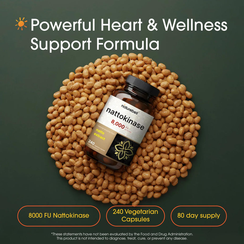 NatureBell Nattokinase - 240 Capsules - 8,000 FU Max Strength from Fermented Natto Extract - for Heart Health