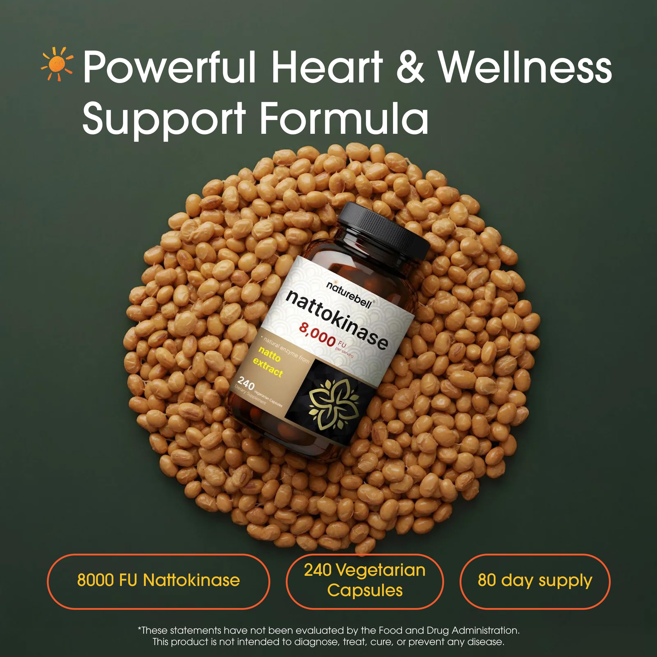 NatureBell Nattokinase - 240 Capsules - 8,000 FU Max Strength from Fermented Natto Extract - for Heart Health