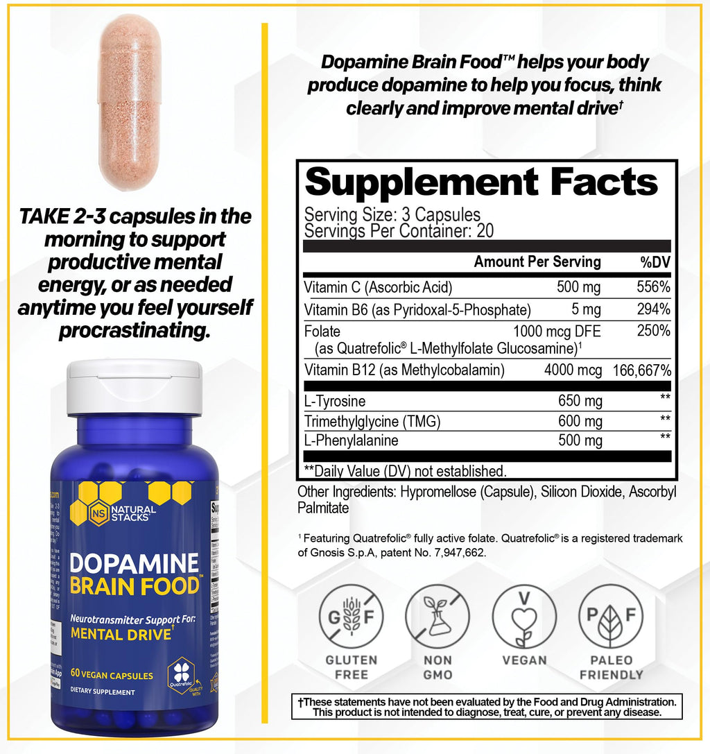 NATURAL STACKS Dopamine Brain Food + Magtech Magnesium Bundle - Chelated Magnesium Complex - Supports Brain Health & Mental Drive* - 150 Total Capsules NATURAL STACKS Au supplements