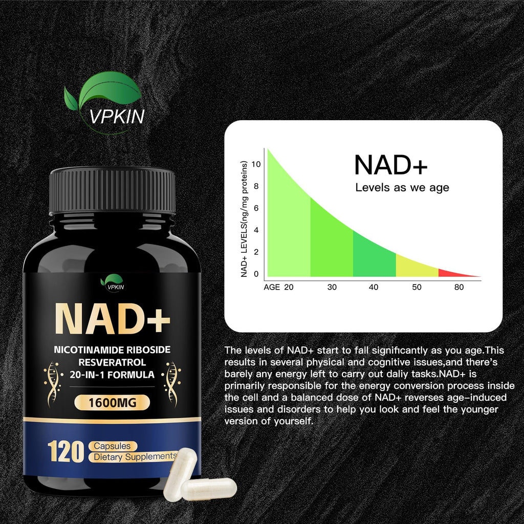 VPKIN NAD Supplement,1500mg NAD+ Supplement with Resveratrol,Nicotinamide,Quercetin,CoQ10,Support Energy & Repair, Vitality,Non-GMO, No Fillers(120 Capsules) VPKIN Au supplements